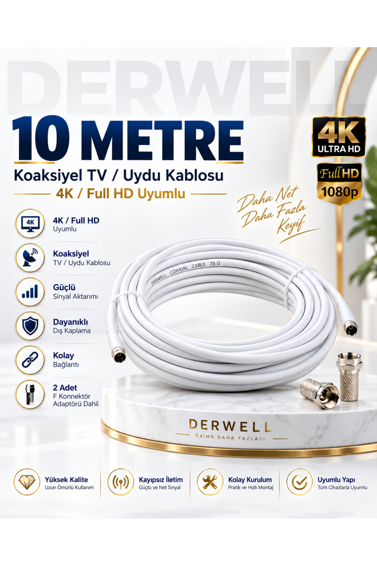 10 Metre 4K Full HD Koaksiyel TV Uydu Anten Kablosu Seti - Güçlü Sinyal Aktarımlı Dayanıklı Televizyon Kablosu - Lnb Alıcı Uyumlu Yüksek Kalite Beyaz