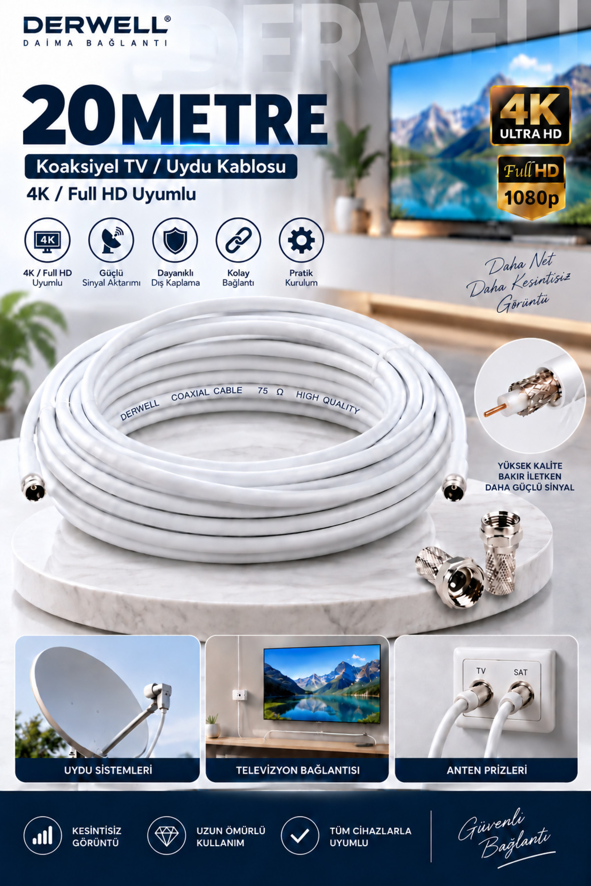20 Metre 4K Full HD Koaksiyel TV Uydu Anten Kablosu Seti - Güçlü Sinyal Aktarımlı Dayanıklı Televizyon Kablosu - Lnb Alıcı Uyumlu Yüksek Kalite Beyaz