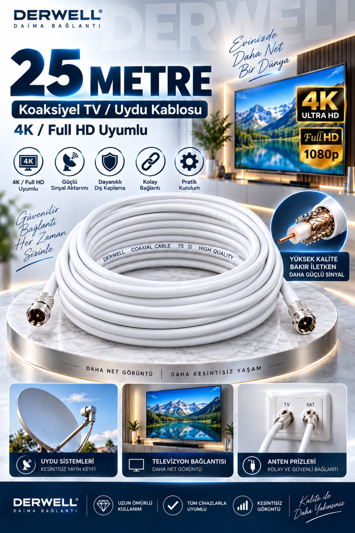 25 Metre 4K Full HD Koaksiyel TV Uydu Anten Kablosu Seti - Güçlü Sinyal Aktarımlı Dayanıklı Televizyon Kablosu - Lnb Alıcı Uyumlu Yüksek Kalite Beyaz
