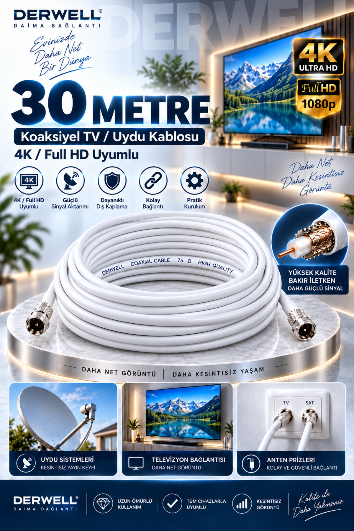 30 Metre 4K Full HD Koaksiyel TV Uydu Anten Kablosu Seti - Güçlü Sinyal Aktarımlı Dayanıklı Televizyon Kablosu - Lnb Alıcı Uyumlu Yüksek Kalite Beyaz