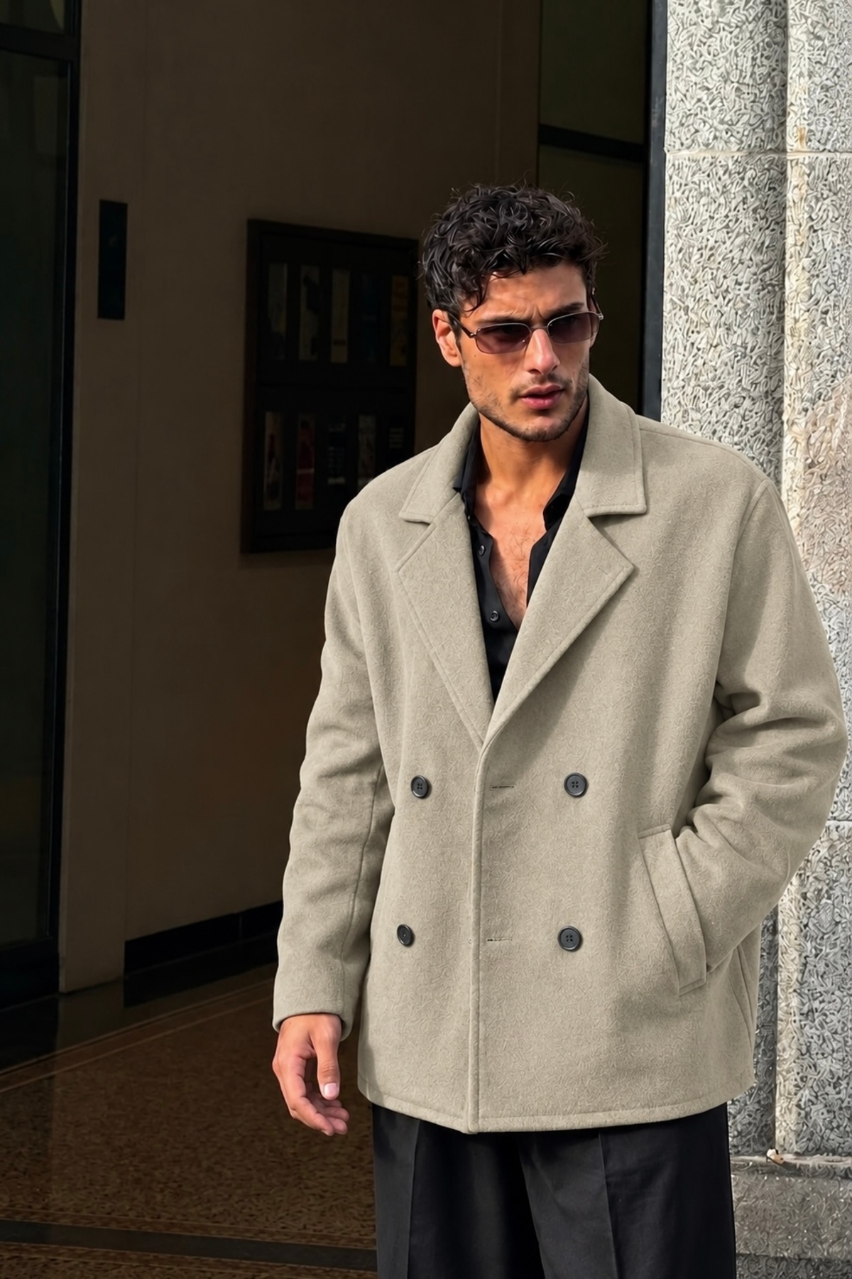 Erkek Oversize Kruvaze Kaşe Kaban — بژ 155 — تصویر 5 از 8