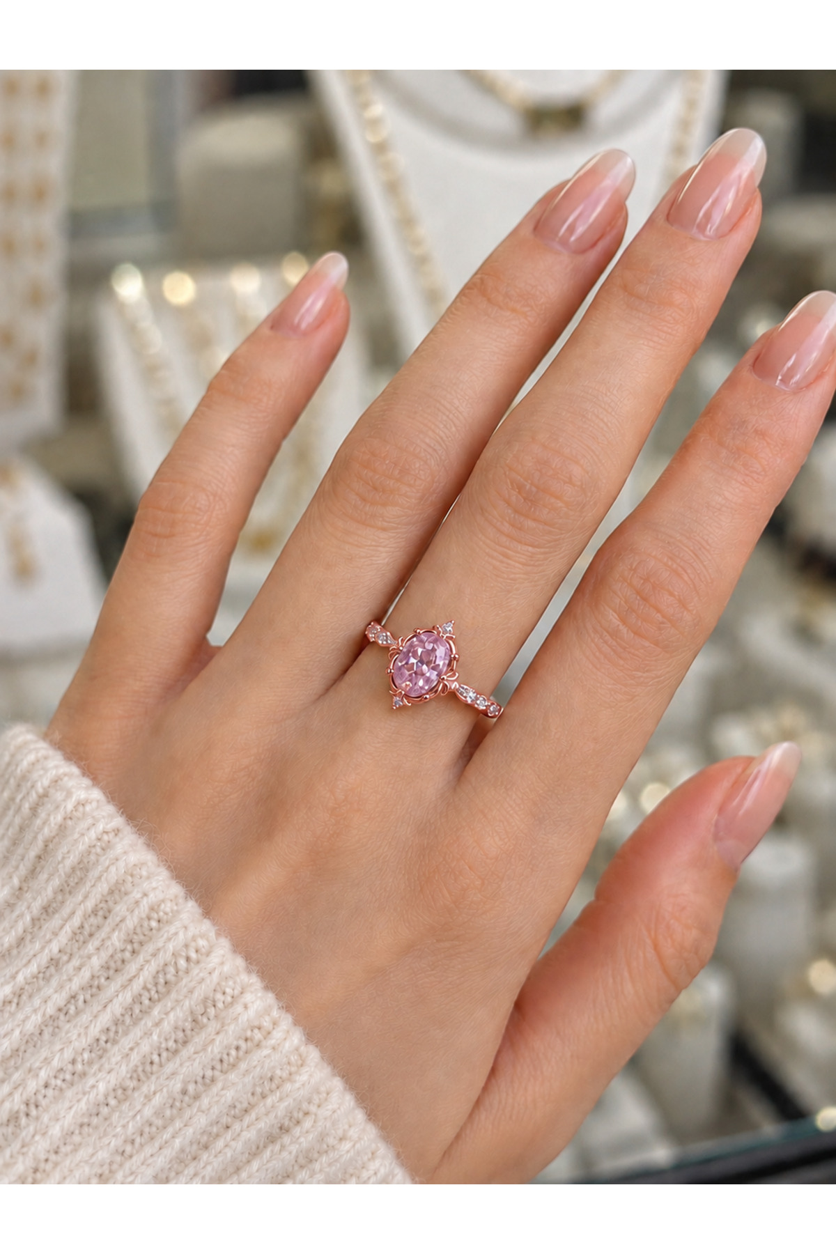 vogutima Kadın 925 Ayar Gümüş Yüzük – Pembe Oval Zirkon Taşlı Vintage Rose Rhodium Kaplama Evlilik Teklifi Sevgiliye Eşe Hediye