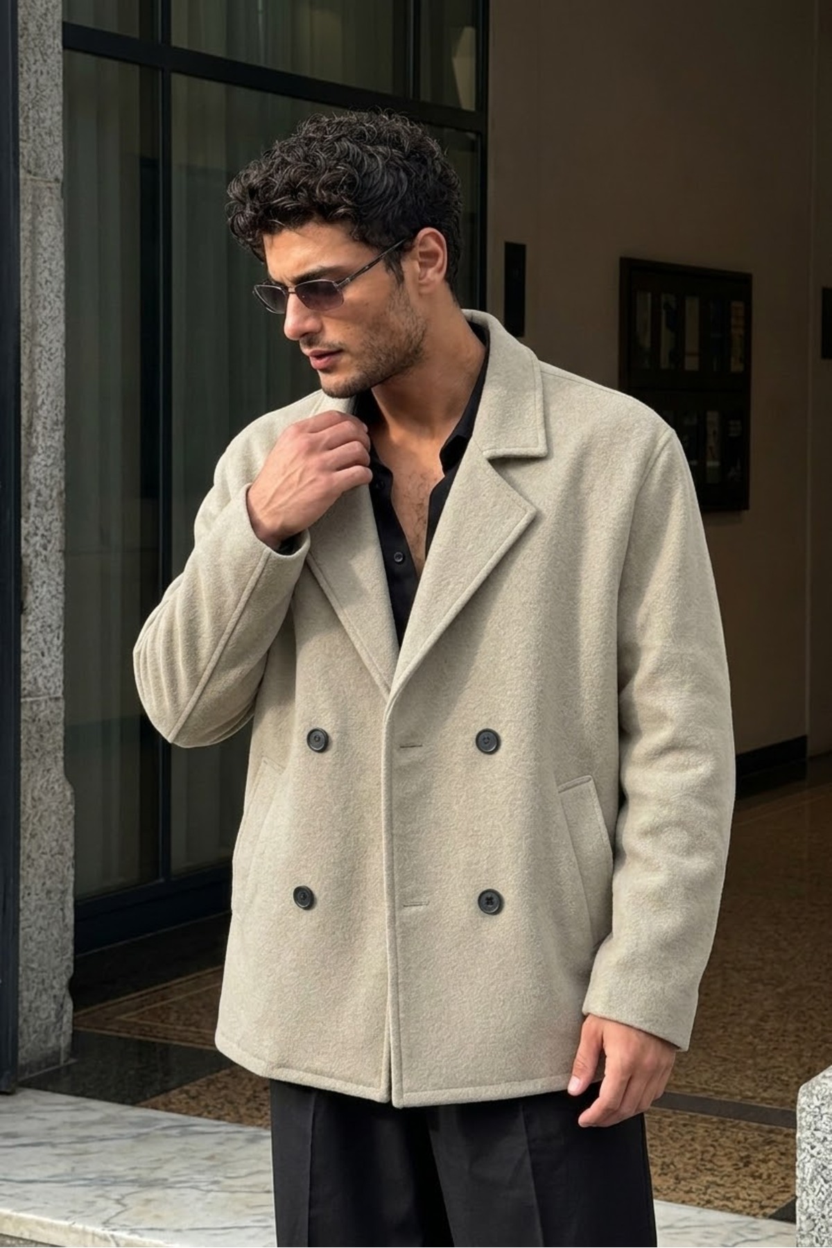 Erkek Oversize Kruvaze Kaşe Kaban — بژ 155 — تصویر 3 از 8