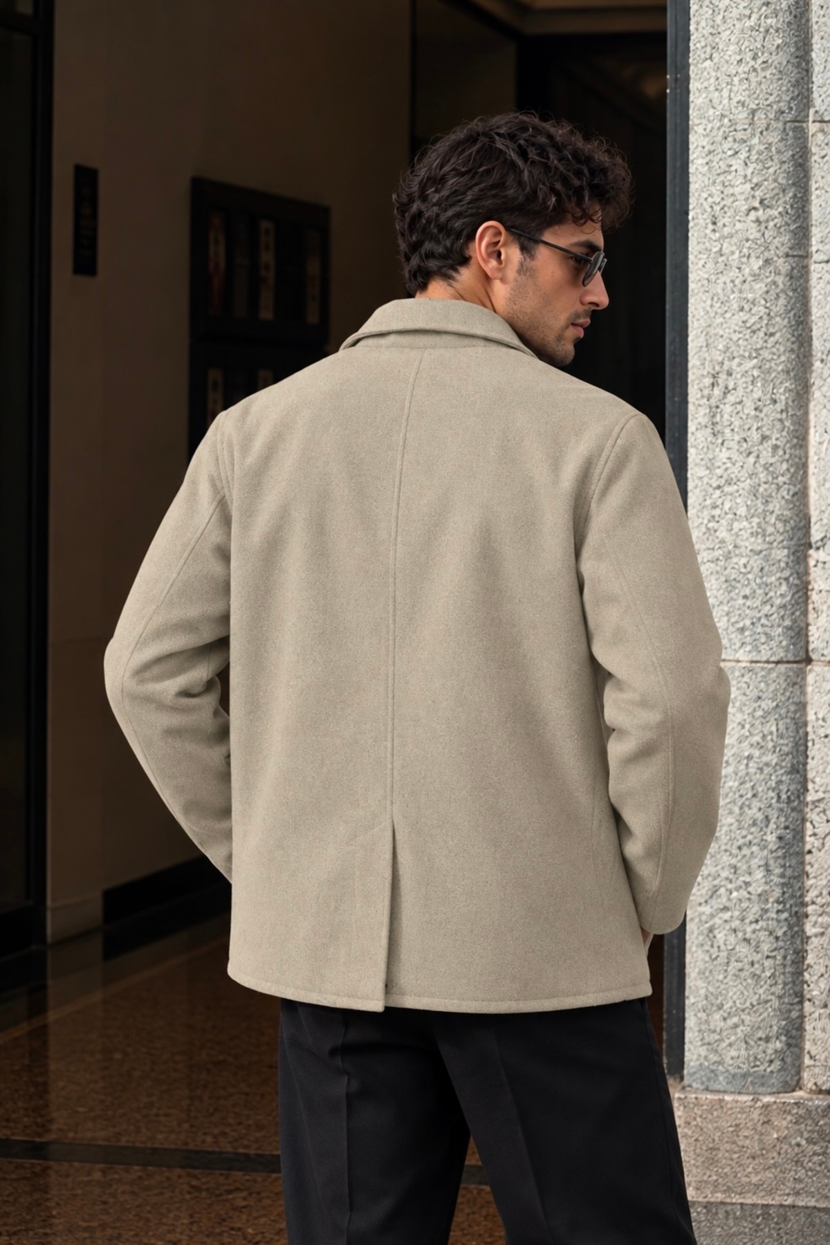 Erkek Oversize Kruvaze Kaşe Kaban — بژ 155 — تصویر 7 از 8