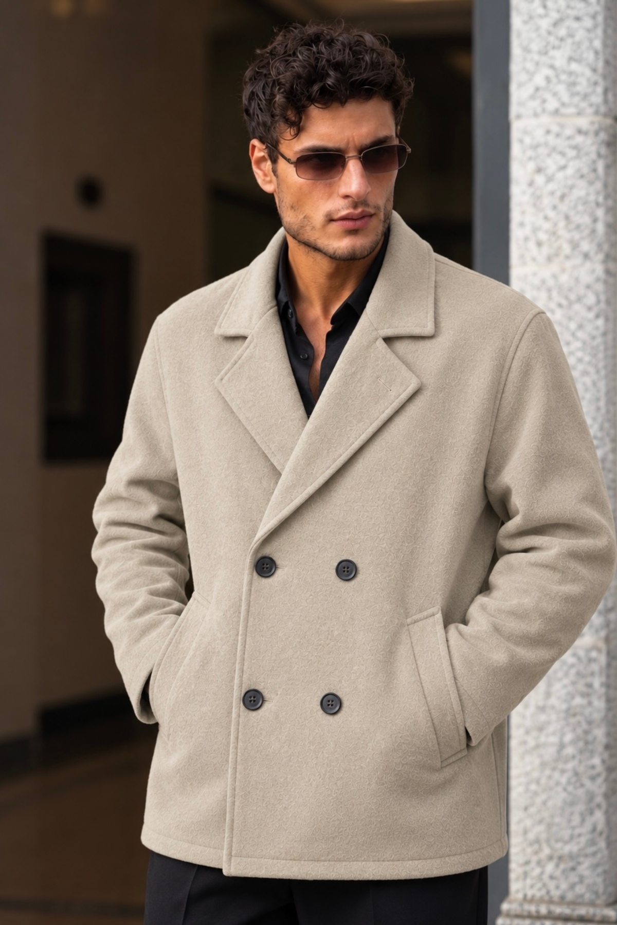 Erkek Oversize Kruvaze Kaşe Kaban — بژ 155 — تصویر 2 از 8