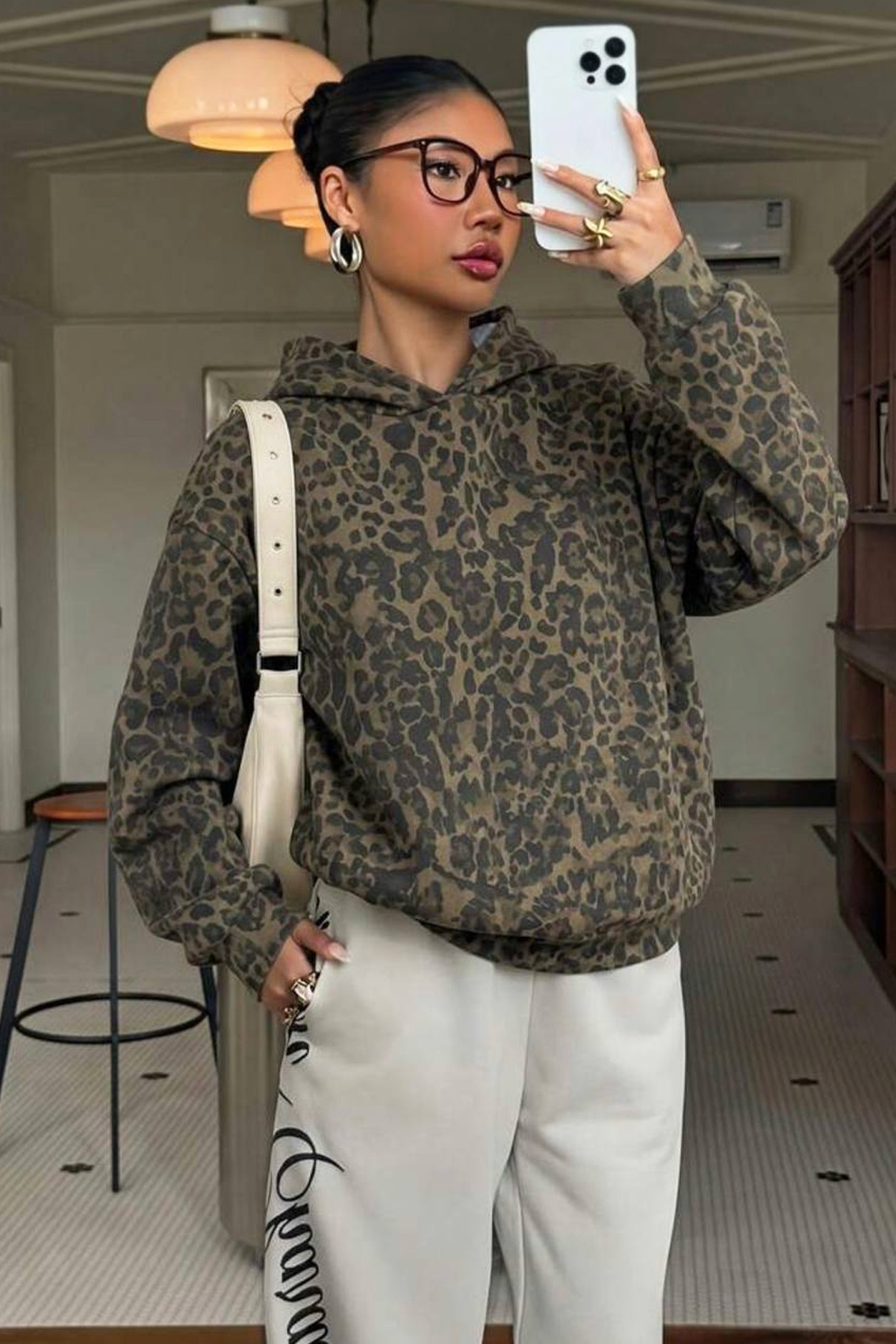 İlayda Toprak Hood Haki Leopar Desen Kapüşonlu Rahat Kalıp Hoodie Günlük Uzun Kollu Sweatshirt görsel 4