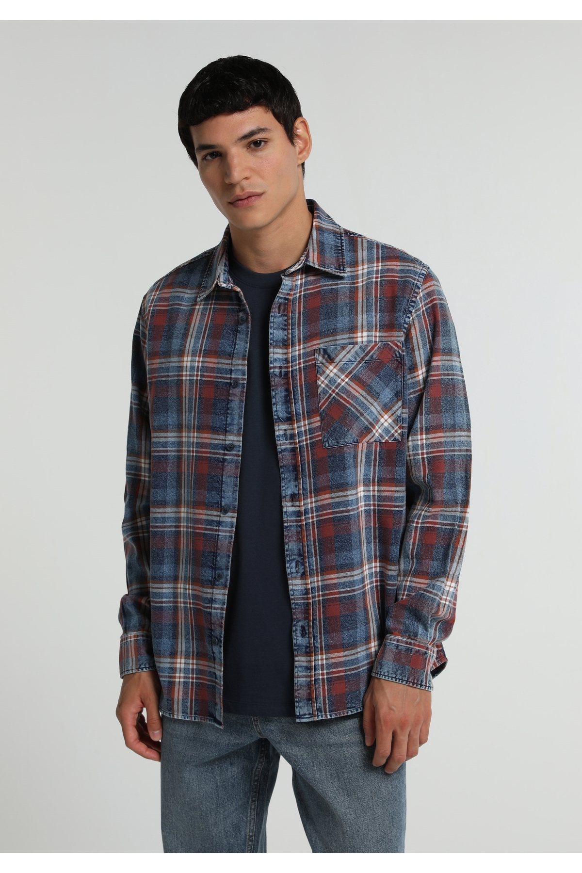 Relaxed Fit Shirt Neck Ekoseli Erkek Mavi Uzun Kol Gömlek