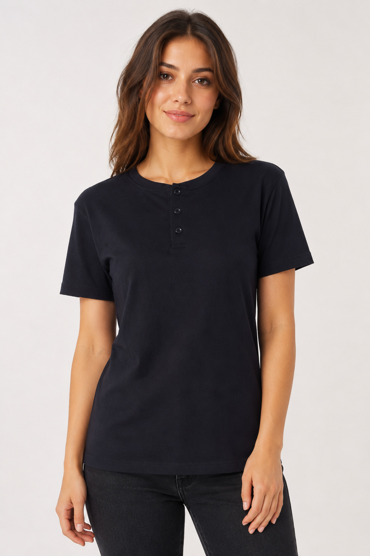 Unisex Lacivert Üç Düğmeli Yaka Kısa Kollu Regular Fit Basic Tişört Siyah · Fotoğraf 5