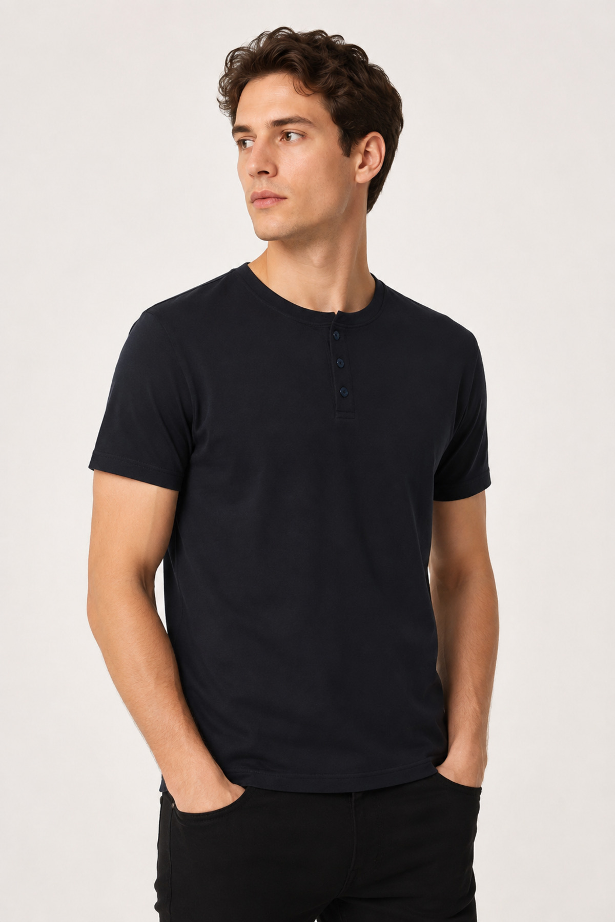 Unisex Lacivert Üç Düğmeli Yaka Kısa Kollu Regular Fit Basic Tişört Siyah