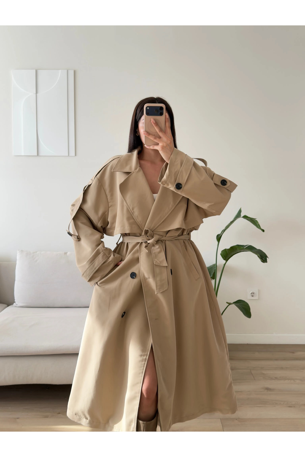 Zoom Butik Premium Kuşaklı Trençkot - BEJ görsel 4