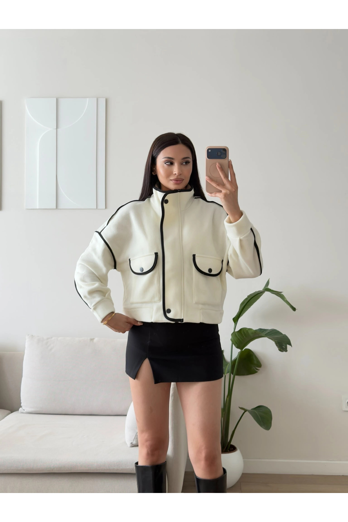 Zoom Butik Premium Biyeli Oversize Ceket - BEYAZ