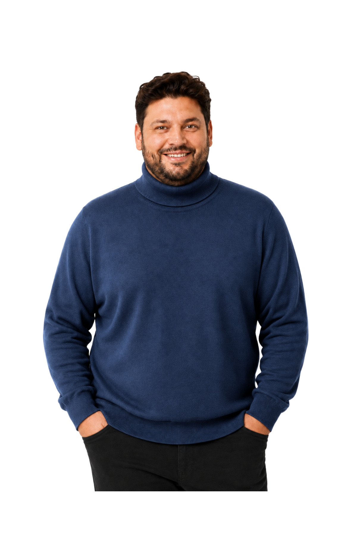 BattalModa Erkek Büyük Beden İndigo Tam Balıkçı Pamuklu Kazak 3XL-4XL-5XL-6XL