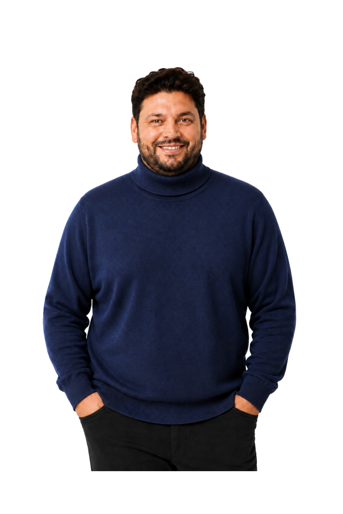 BattalModa Erkek Büyük Beden Koyu İndigo Tam Balıkçı Pamuklu Kazak 3XL-4XL-5XL-6XL