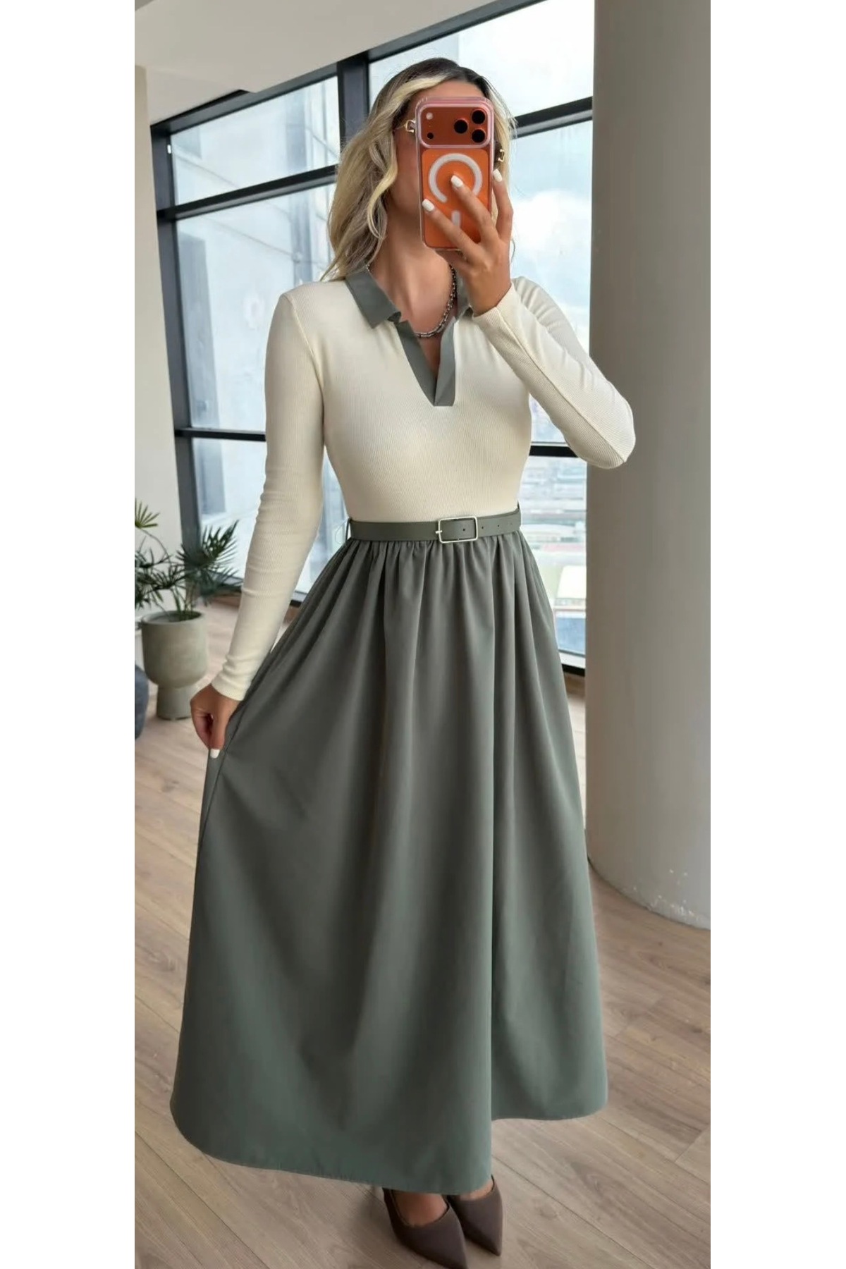talyambutik Kadın Yeni Sezon Uzun Kollu Polo Yaka Kemer Detaylı Cepli Elbise
