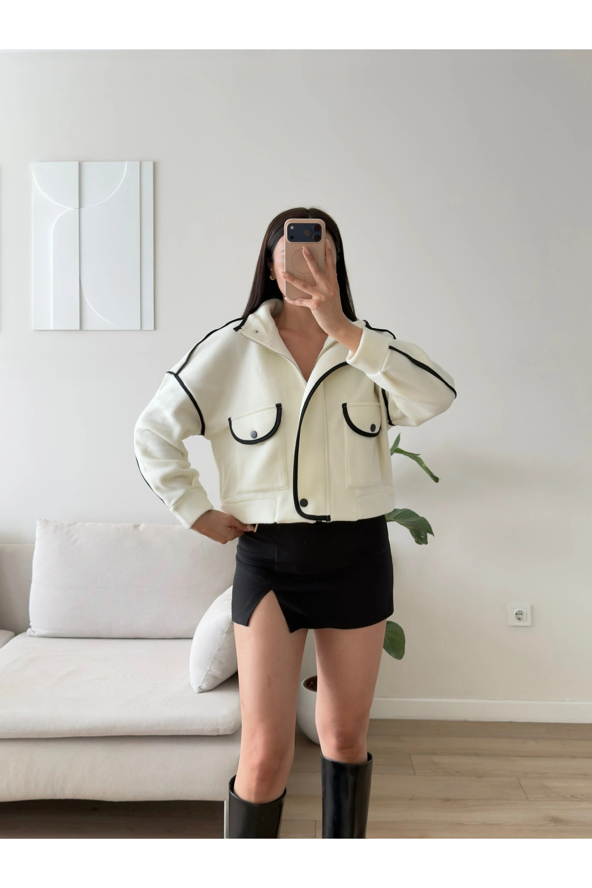 Zoom Butik Premium Biyeli Oversize Ceket - BEYAZ görsel 4