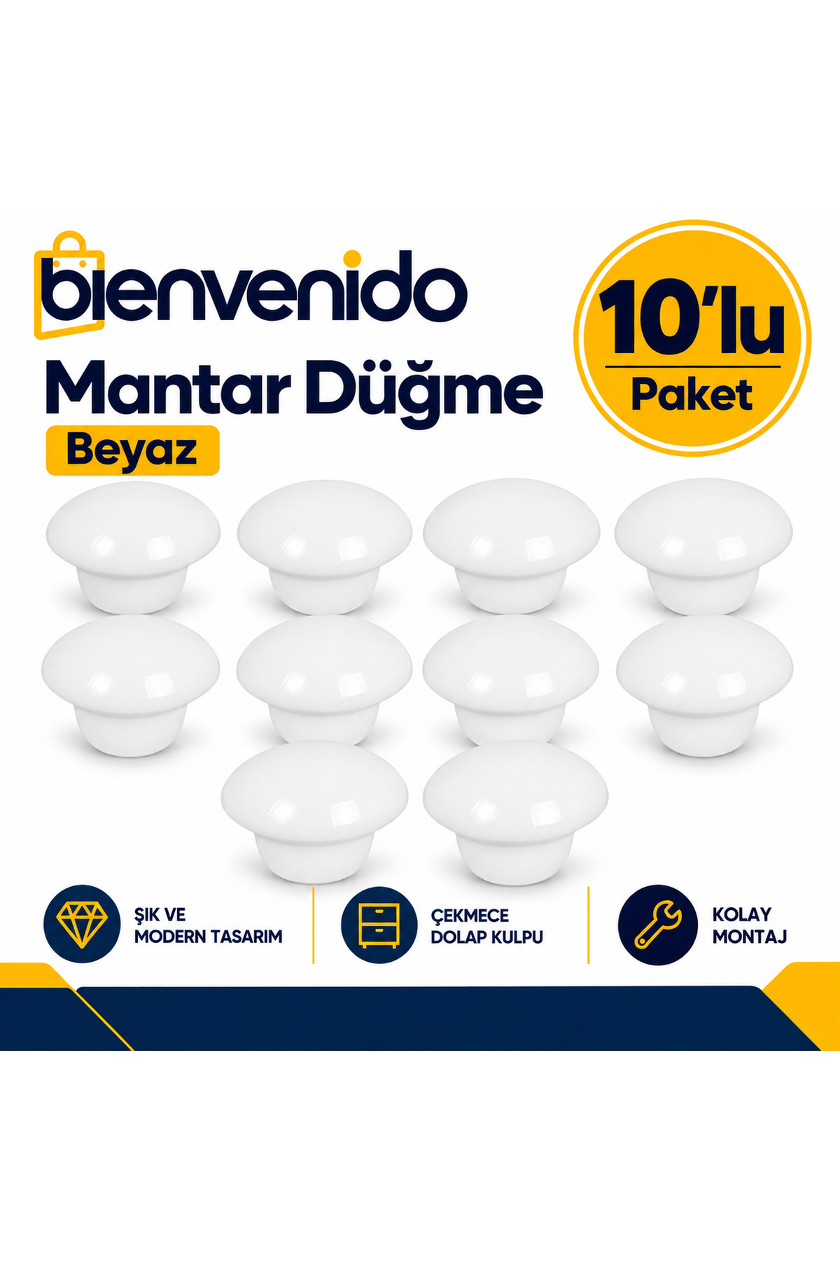 Mantar Düğme Metal (BEYAZ) Yuvarlak Mobilya Mutfak Çekmece Çocuk Odası Dolap Kulpu 10'lu