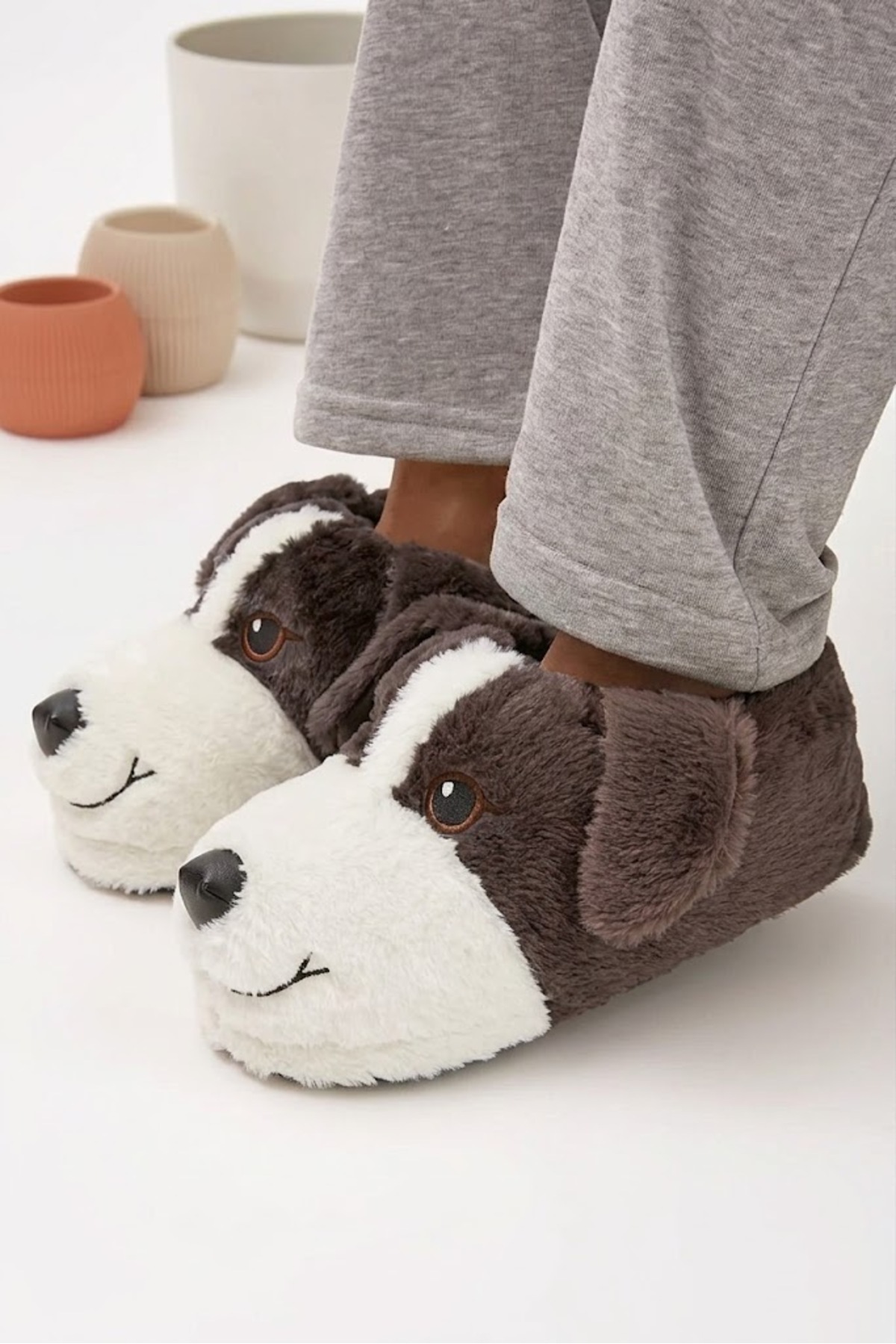 Moda Devrin Mdes Vizon Hayvanlı Sessiz Taban Panduf Sevimli Köpek Figürlü Peluş Ev Ayakkabısı görsel 4