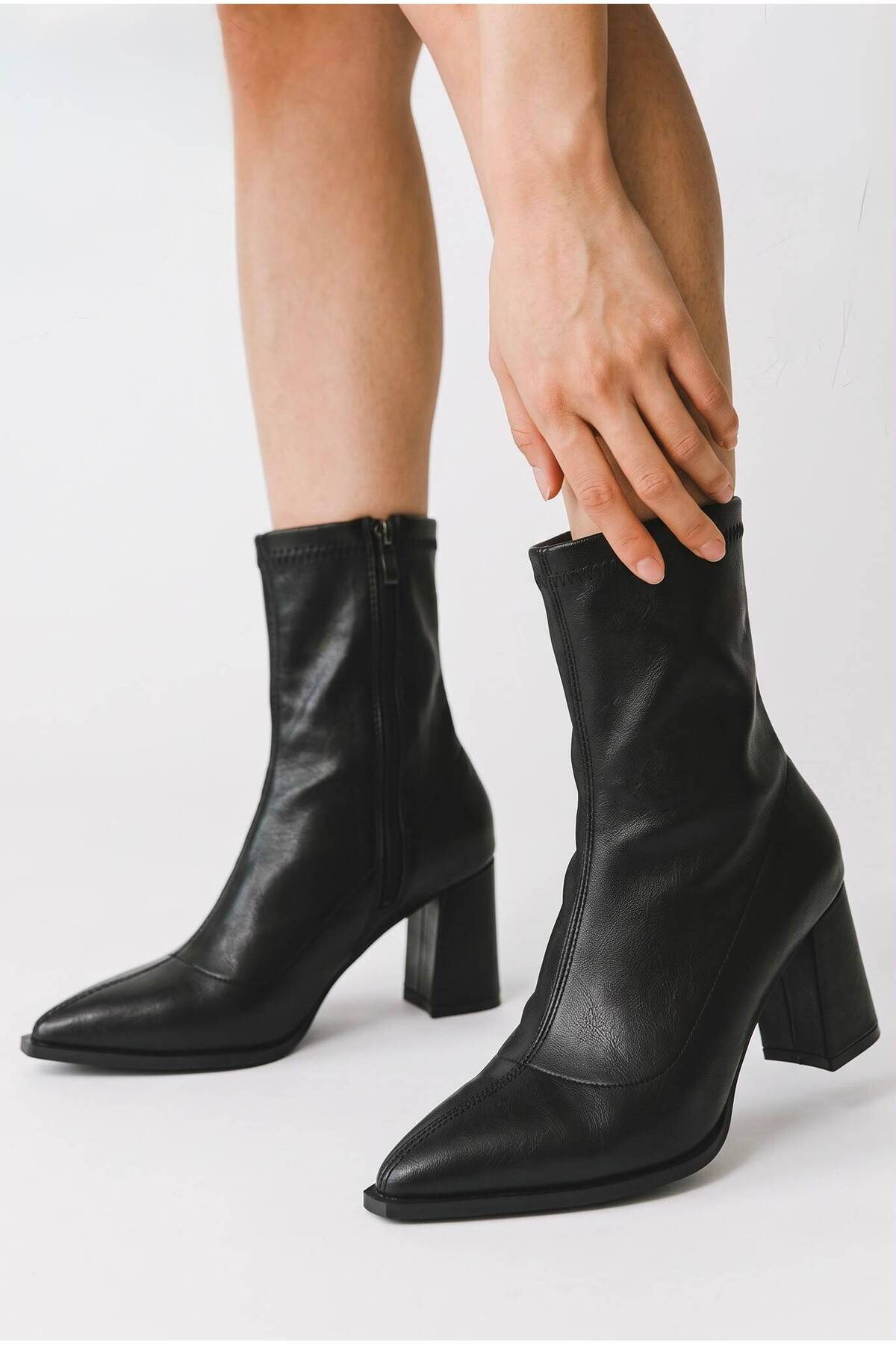 besoin shoes store Kaymaz Taban Fermuar Detaylı Kalın Topuklu Streç Kadın Bot Siyah 9 cm görsel 2
