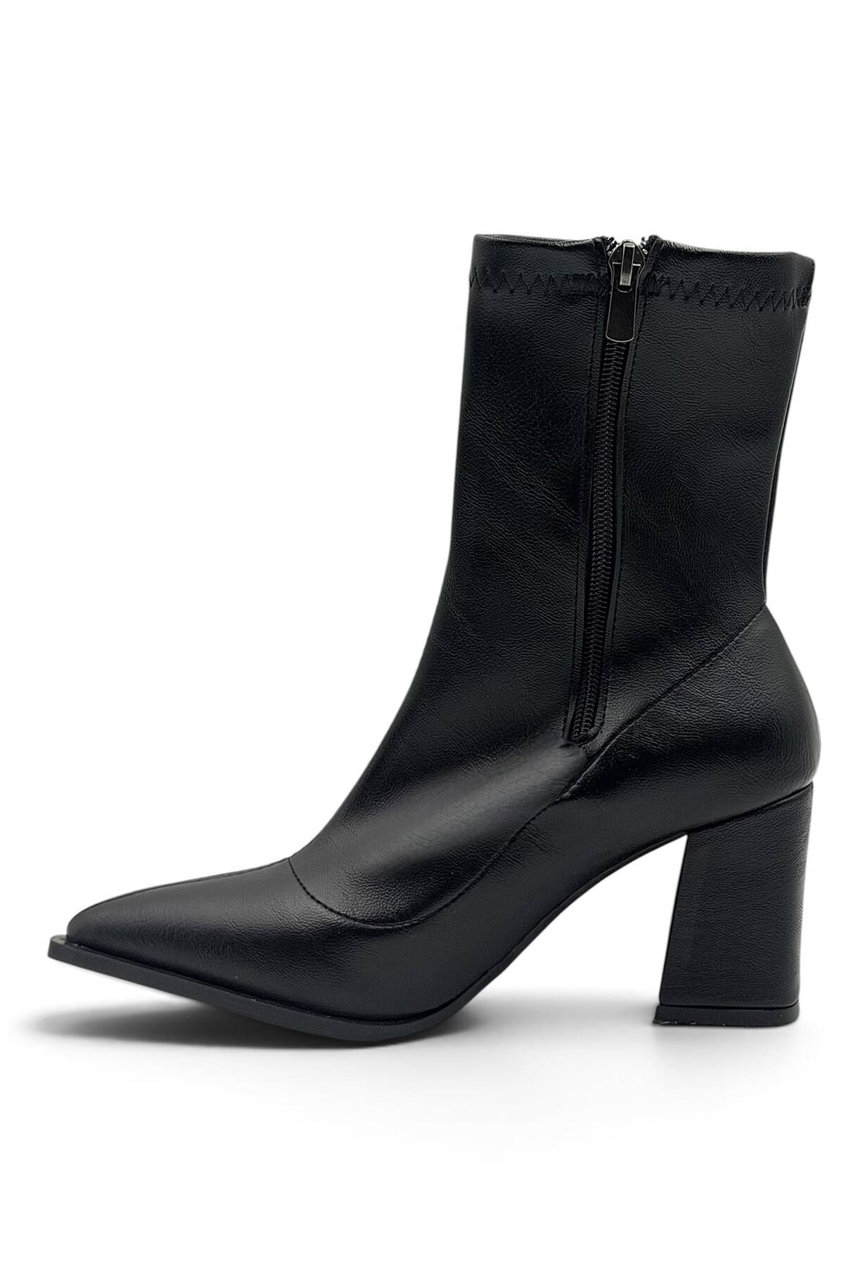 besoin shoes store Kaymaz Taban Fermuar Detaylı Kalın Topuklu Streç Kadın Bot Siyah 9 cm görsel 5