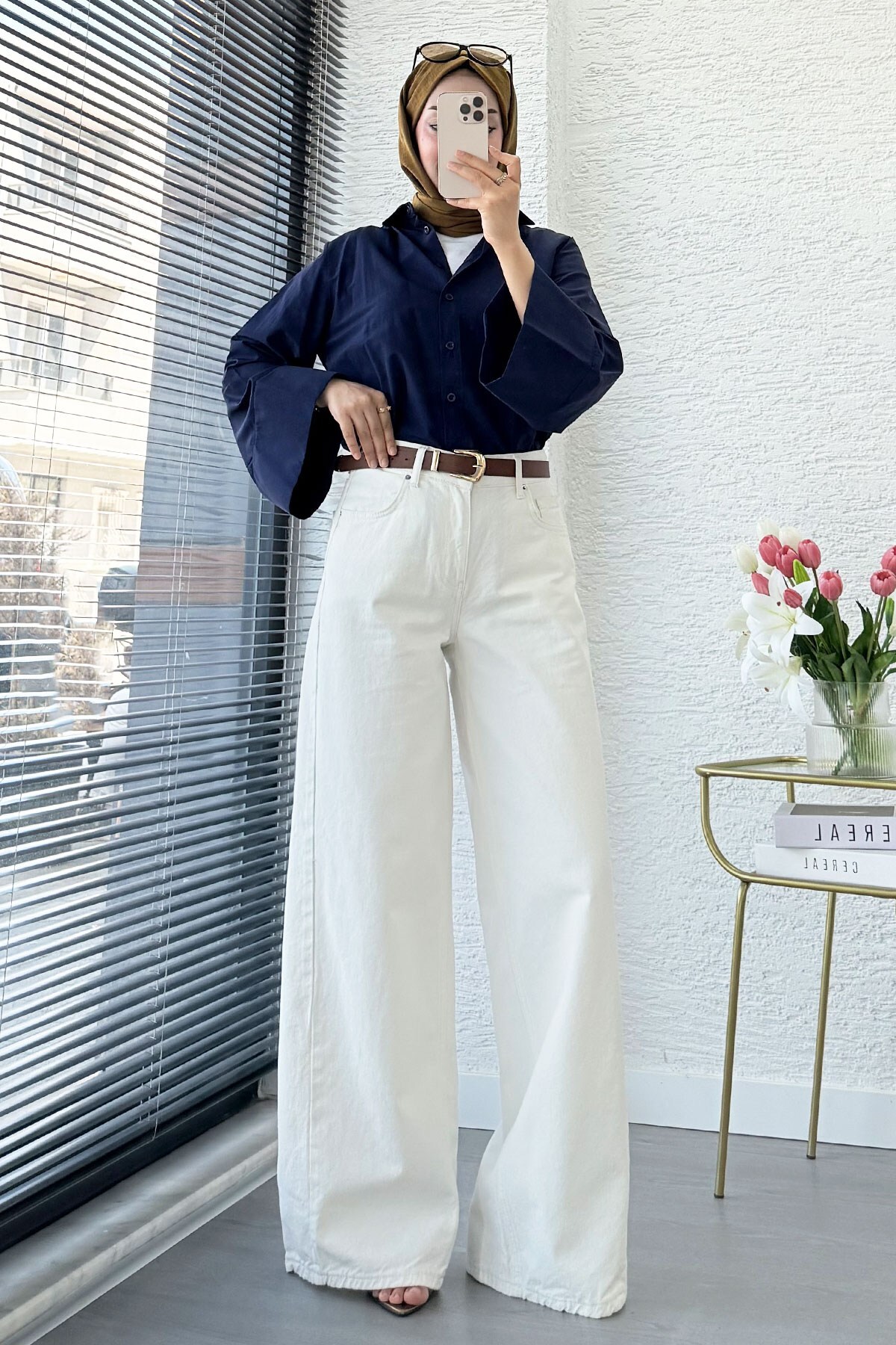 MELEK ARAZ Premium Yandan Dikişli Palazzo Jean Pantolon - Beyaz görsel 8