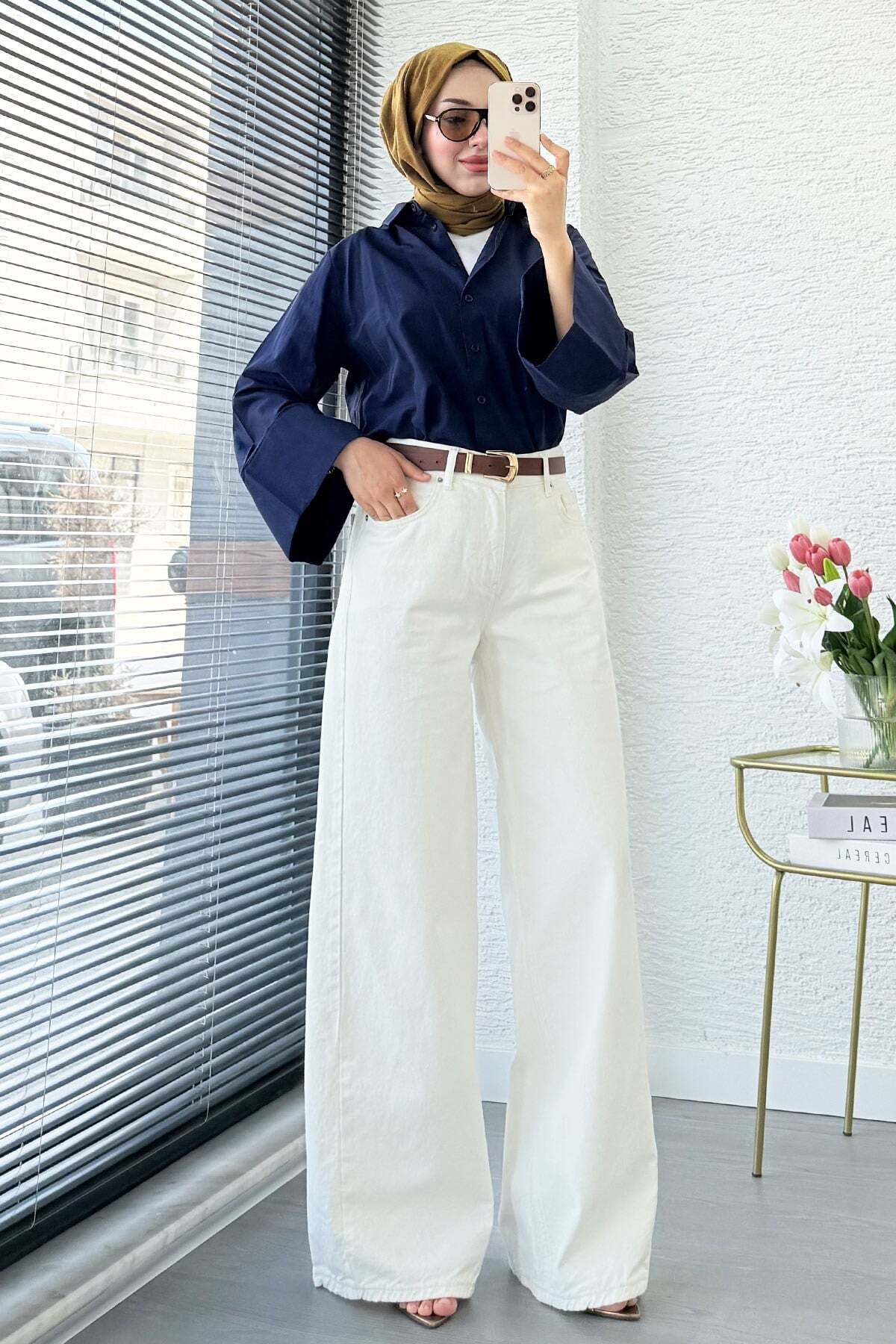 MELEK ARAZ Premium Yandan Dikişli Palazzo Jean Pantolon - Beyaz