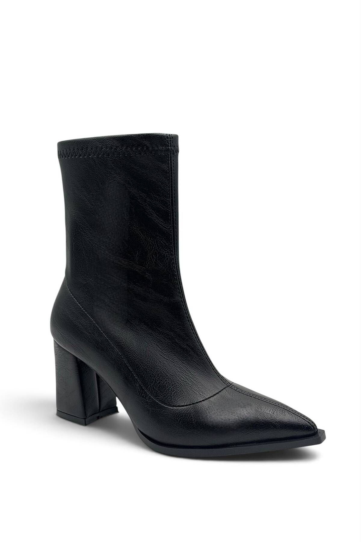 besoin shoes store Kaymaz Taban Fermuar Detaylı Kalın Topuklu Streç Kadın Bot Siyah 9 cm görsel 7
