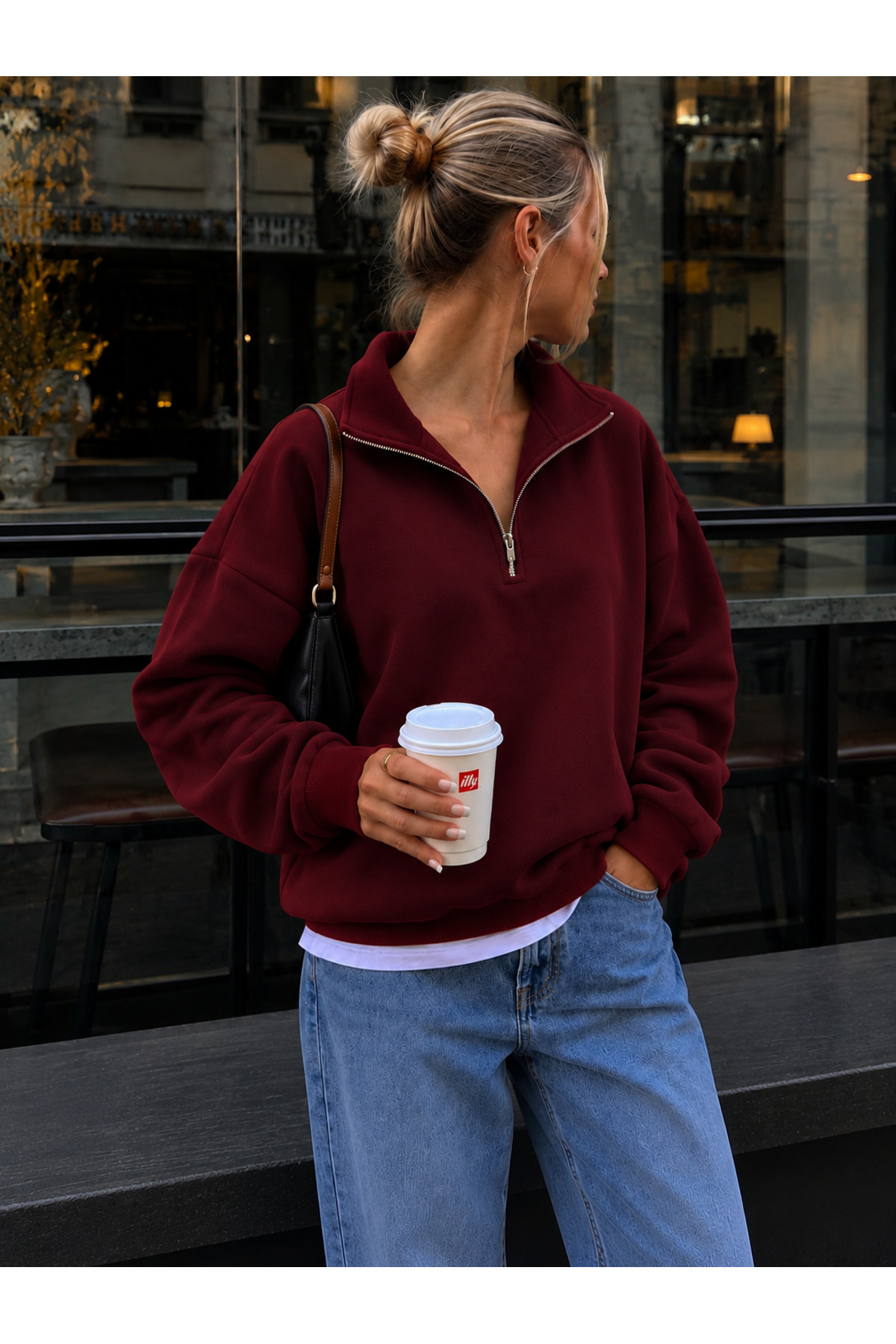 Bordo Dik Yaka Fermuarlı Sweatshirt — زرشکی SNT-DKYKA