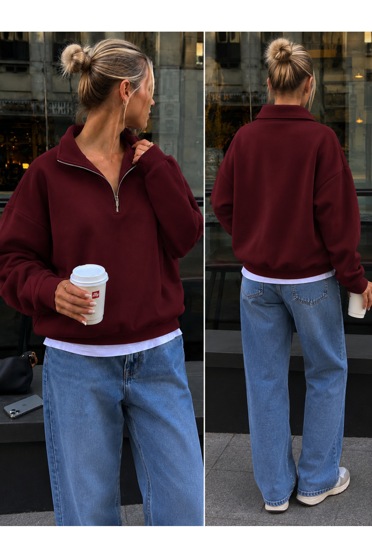 Bordo Dik Yaka Fermuarlı Sweatshirt — زرشکی SNT-DKYKA — تصویر 2 از 4