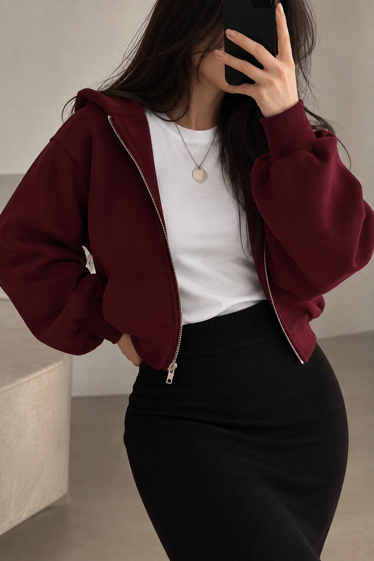 BYMEER Bordo Fermuarlı Crop Sweatshirt Hırka görsel 4