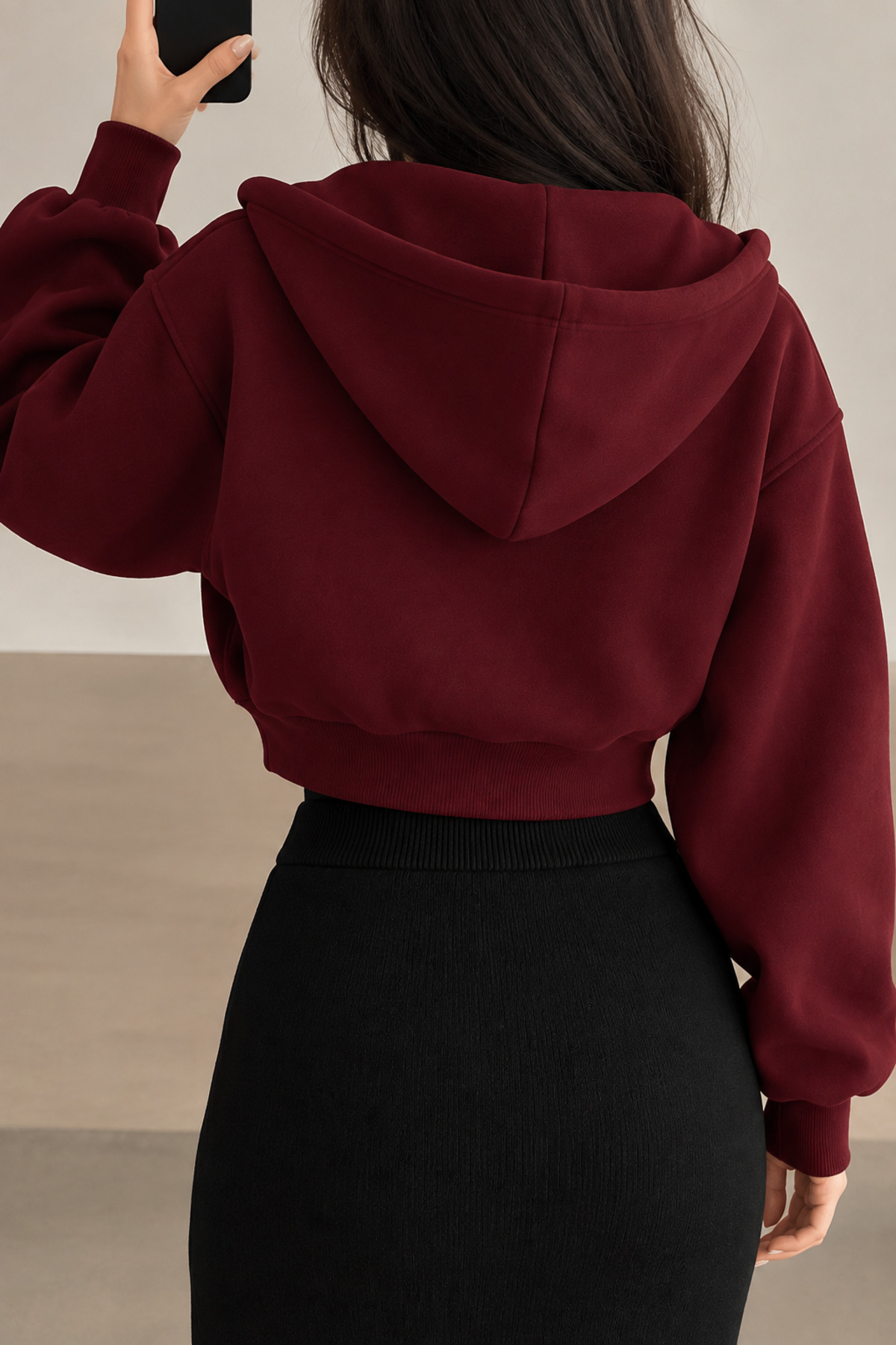 BYMEER Bordo Fermuarlı Crop Sweatshirt Hırka görsel 5