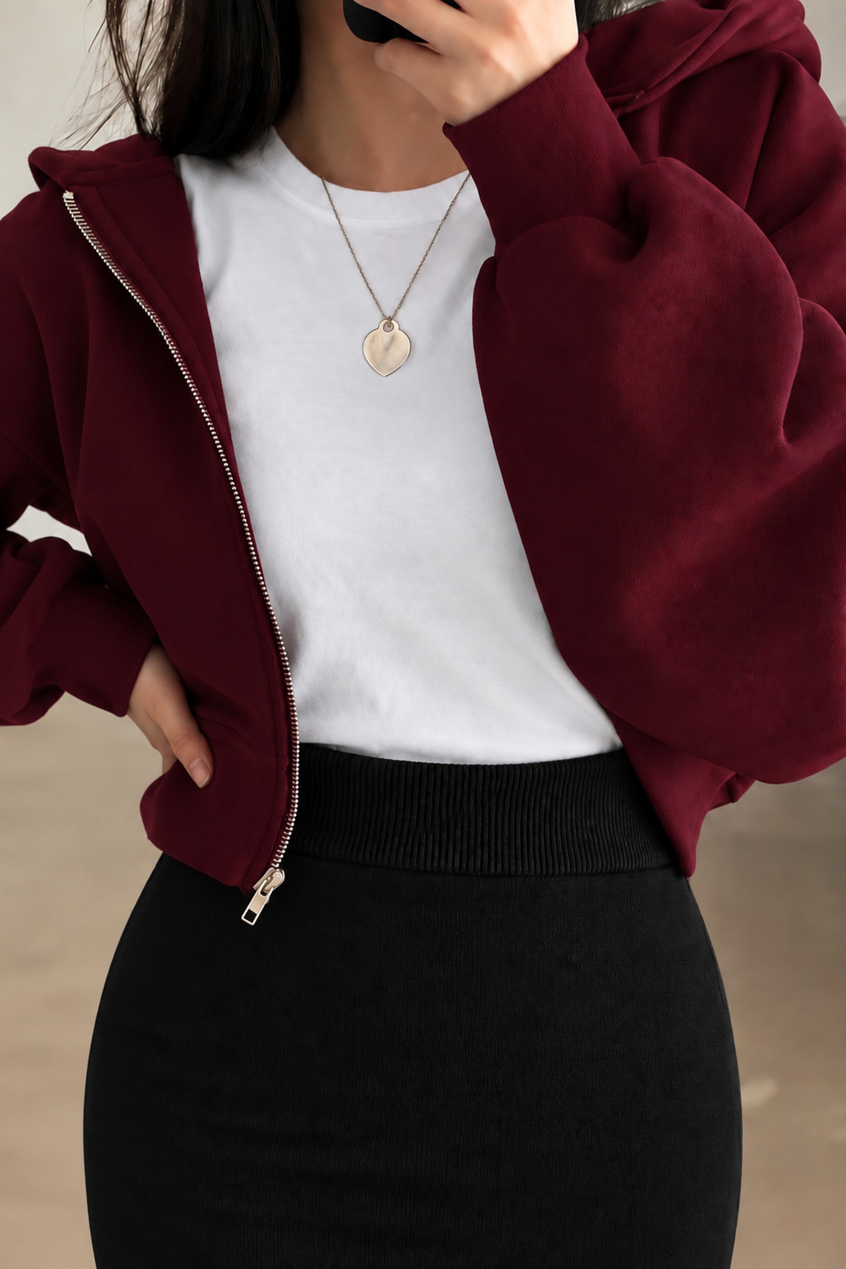 BYMEER Bordo Fermuarlı Crop Sweatshirt Hırka görsel 2