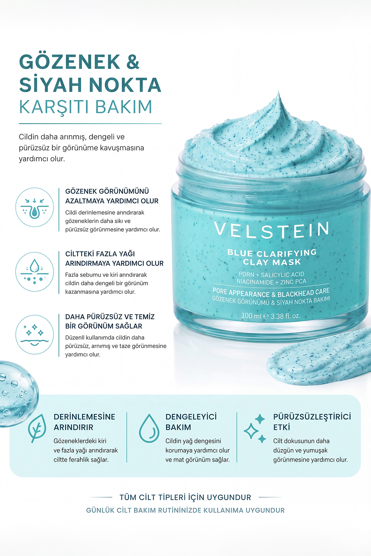 Sıfır gözenek siyah nokta gözenek ve yaşlanma karşıtı Mavi Kil Maskesi 100 ml | PDRN + Salisilik Asit + Niasinamid + Zinc PCA — 878765654 — تصویر 4 از 7