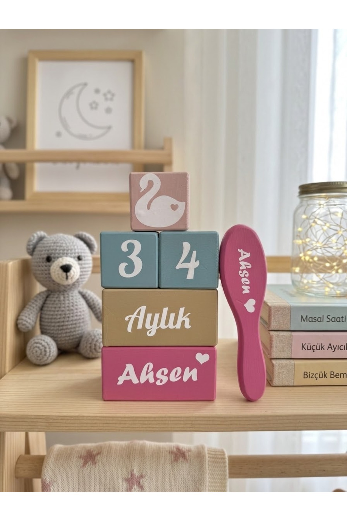 Kişiye Özel Bebek Anı Küpleri ve İsimli Bebek Tarağı Seti
