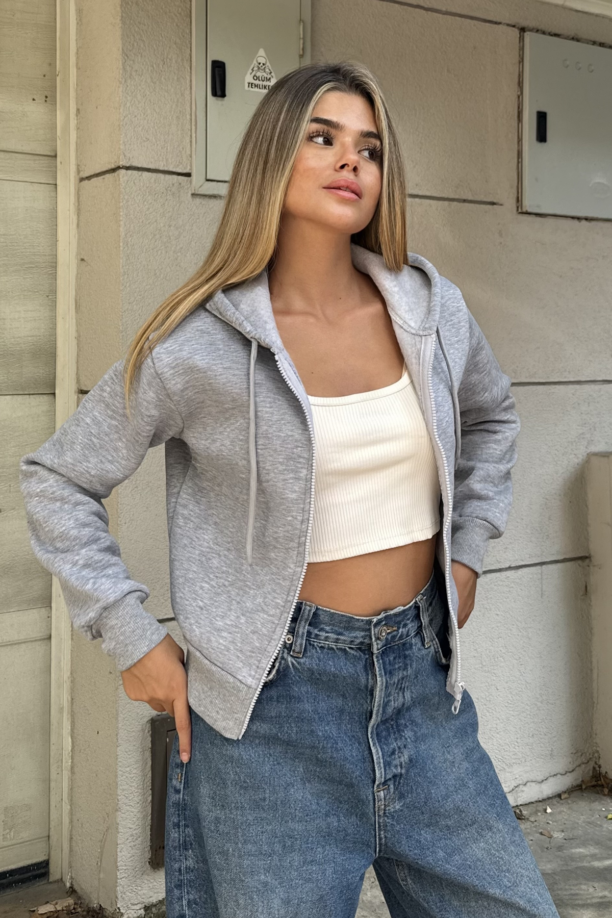 la & vetta Gri Kapüşonlu Oversize Crop Sweatshirt