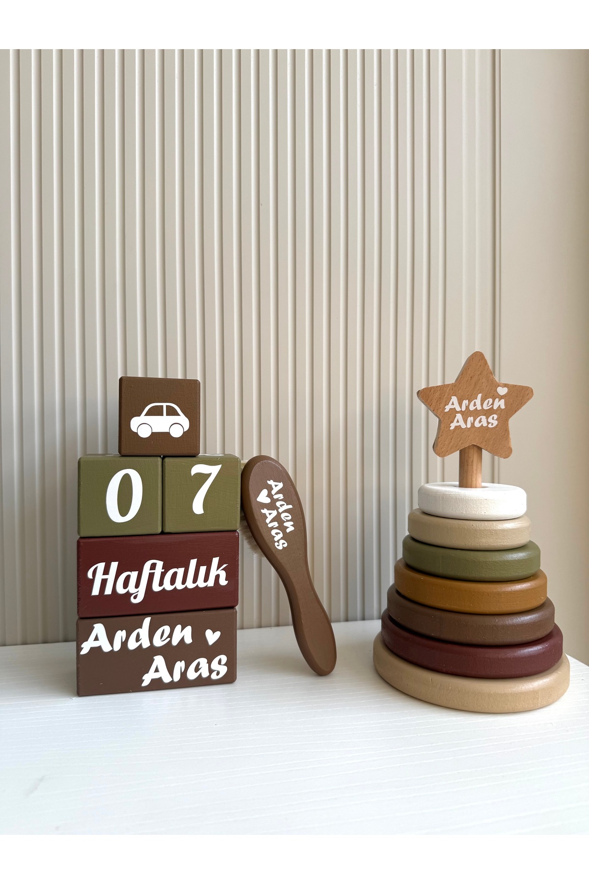 Kişiye Özel Bebek Anı Küpleri, İsimli Tarak ve Ahşap Halka Oyuncak Seti