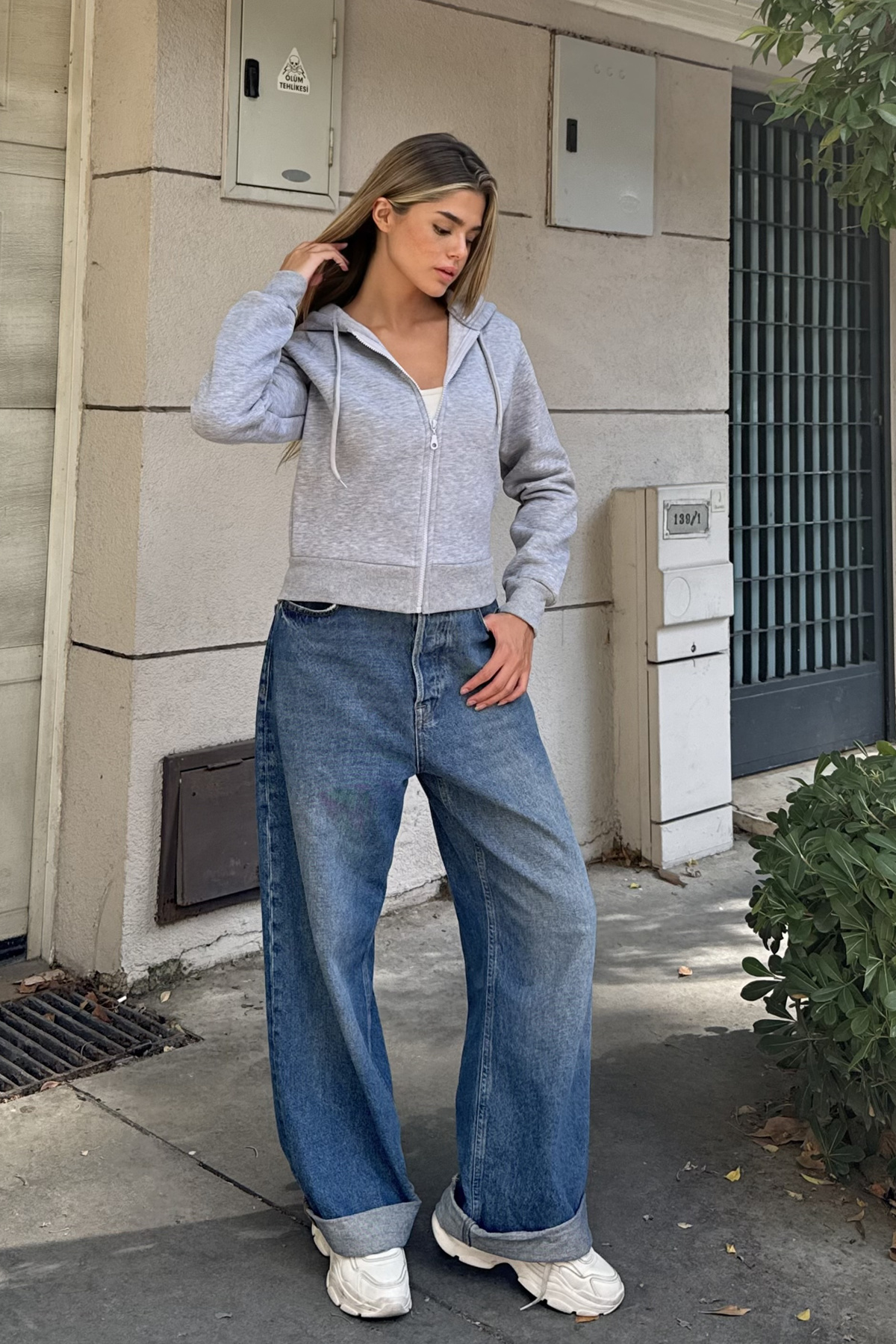 la & vetta Gri Kapüşonlu Oversize Crop Sweatshirt görsel 7