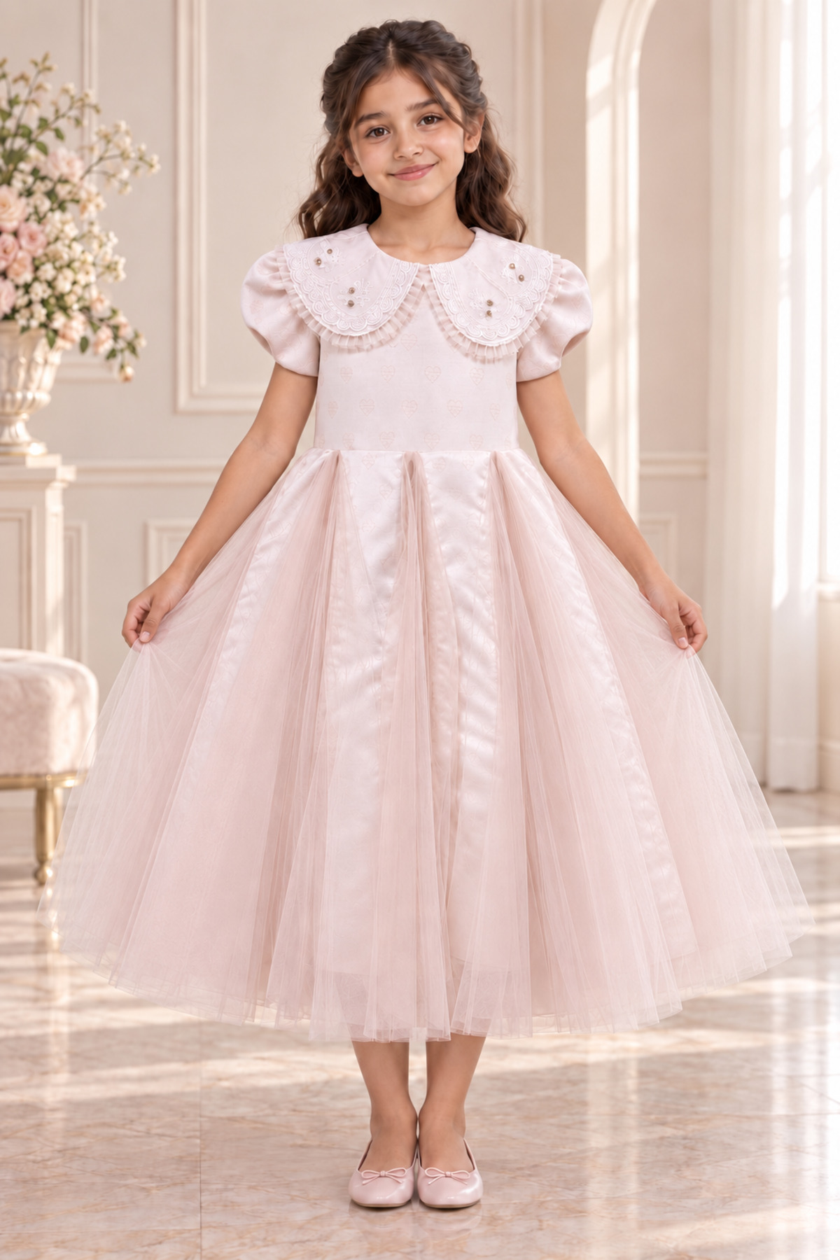 Light Pink Girls Party Dress with Layered Tulle Skirt and Adorned Lace Collar