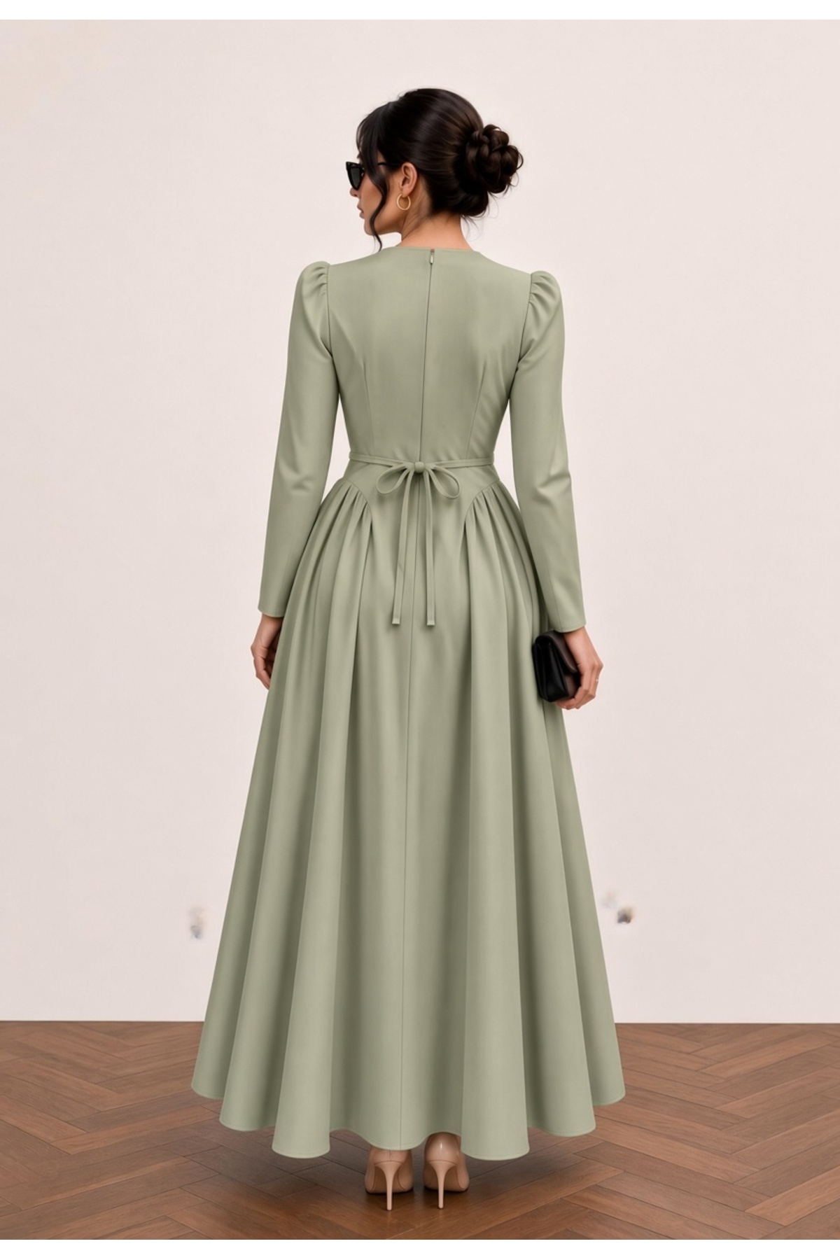 Avakado Vintage Elegance Uzun Kollu Yeşil Belden Oturtmalı Maxi Elbise görsel 3