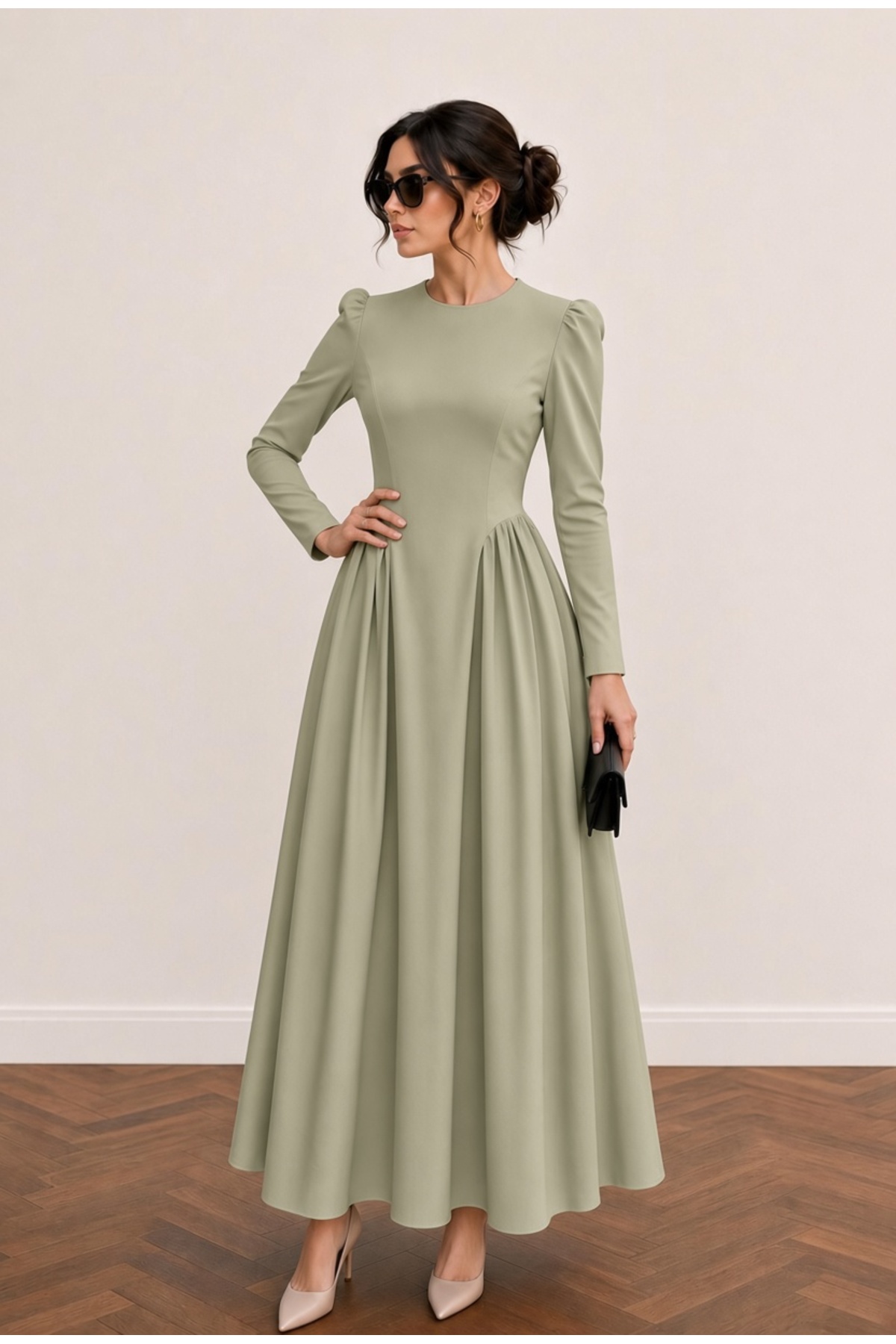 Avakado Vintage Elegance Uzun Kollu Yeşil Belden Oturtmalı Maxi Elbise görsel 2