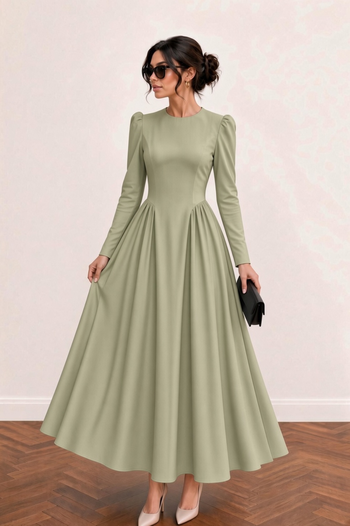 Avakado Vintage Elegance Uzun Kollu Yeşil Belden Oturtmalı Maxi Elbise