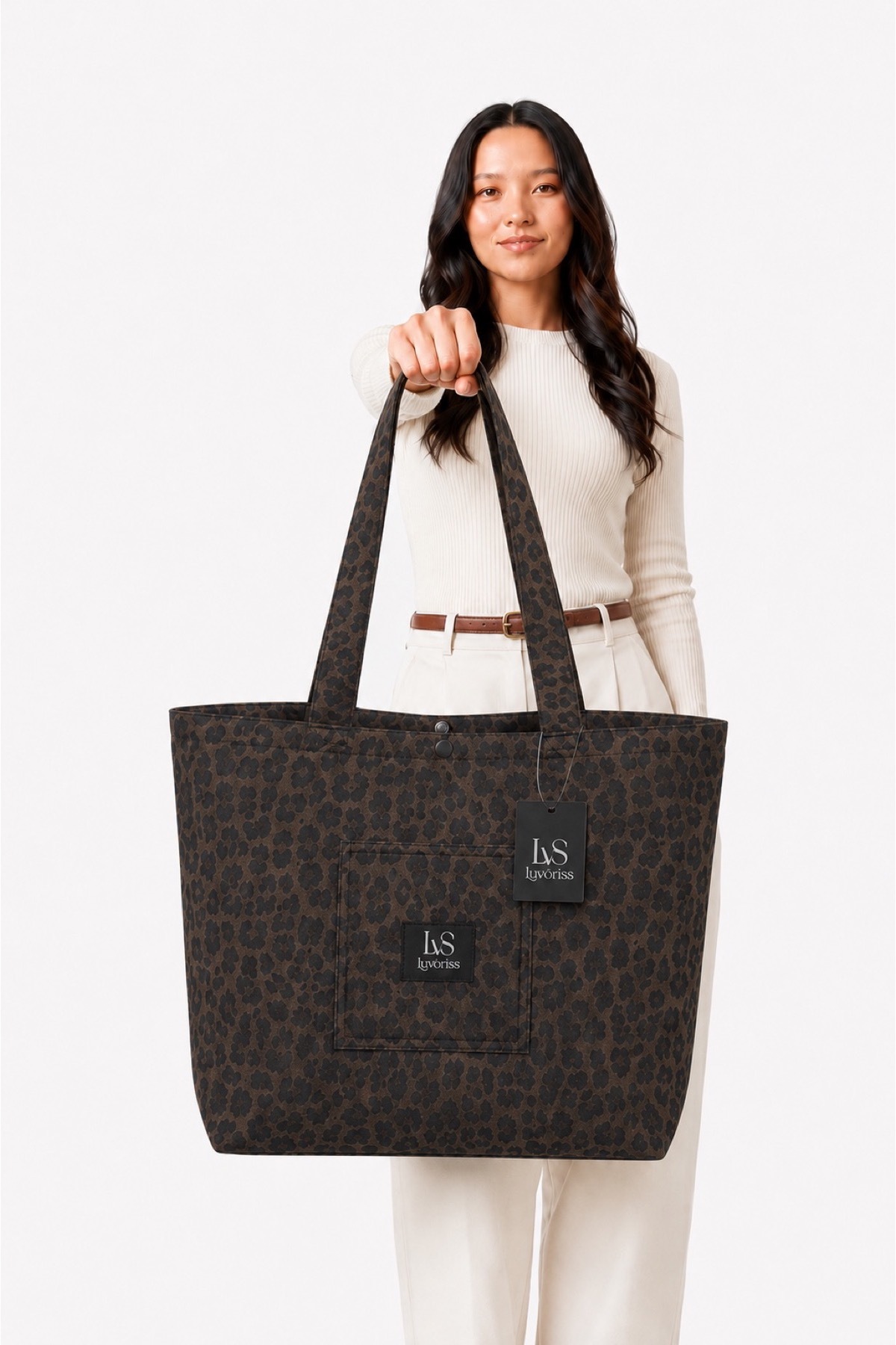 Lvs Luvoriss Koyu Kahverengi Leopar Desenli Kanvas Ön Cepli Tote Çanta Kadın Omuz Çantası (35x50) görsel 2