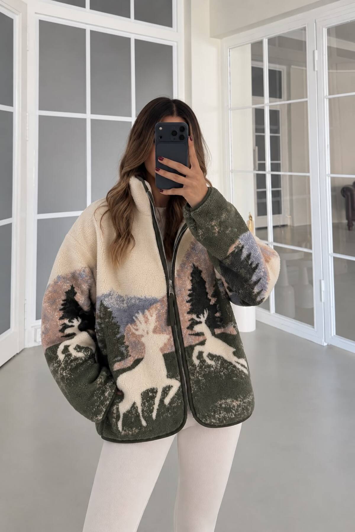 FioriModa Yeşil Geyik Desenli Fermuarlı Polar