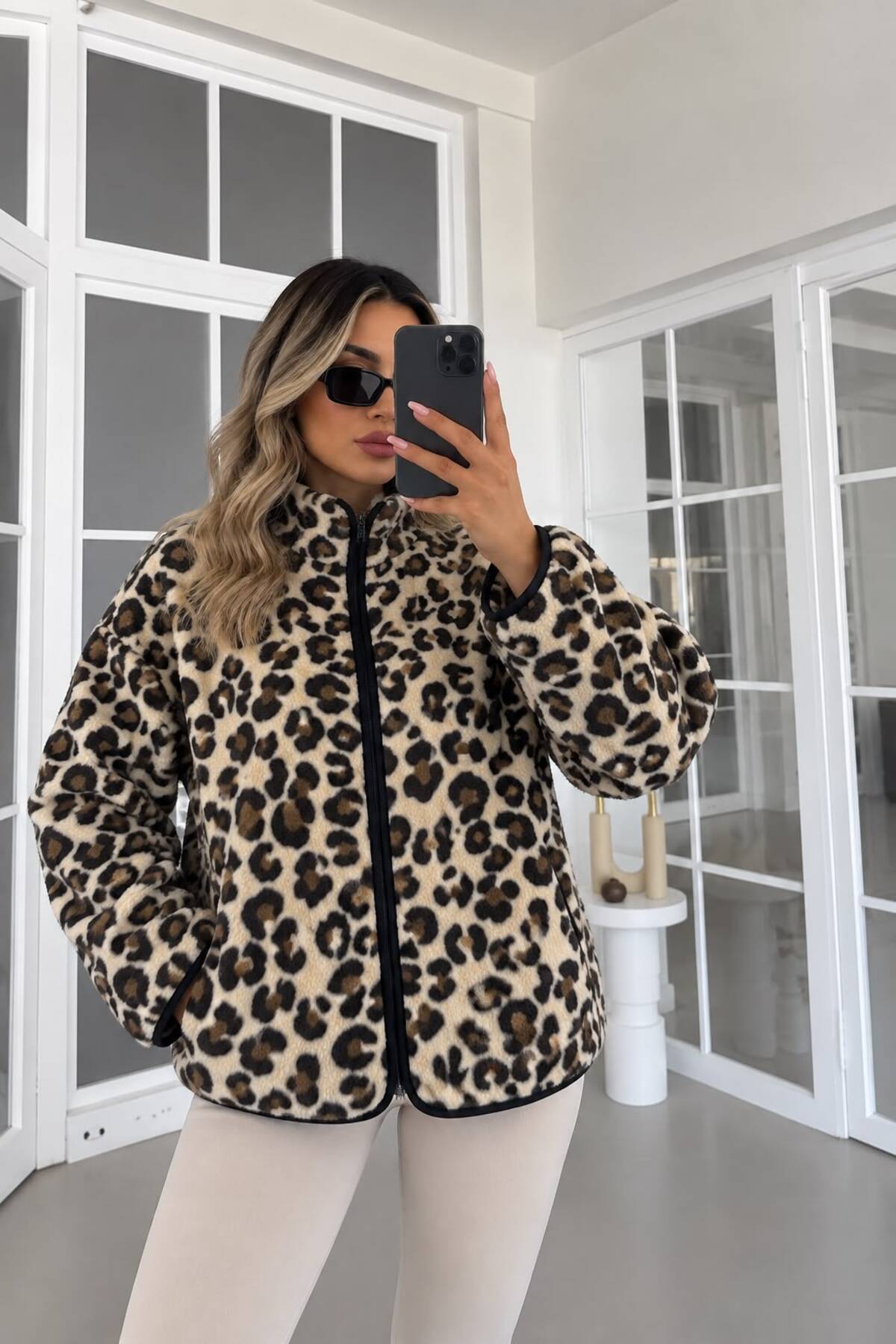 FioriModa Leopar Leopar Desenli Fermuarlı Polar