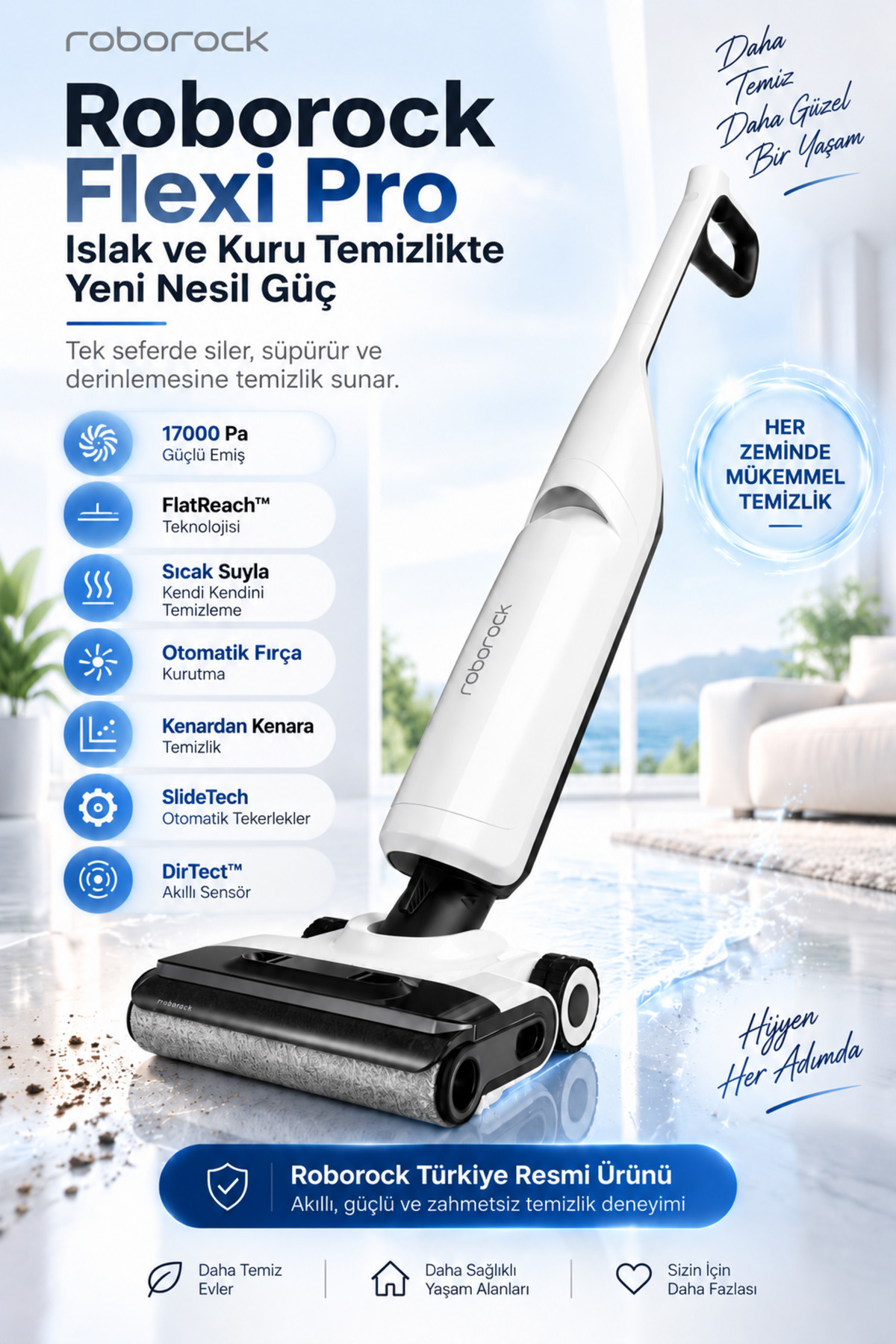 Roborock Flexi Pro Islak Kuru Dikey Süpürge – 17.000 Pa Güçlü Emiş, 60dk Süpürme 4 saat kadar şarj olma, Sıcak Suyla Kendi Kendini Temizleme, Otomatik Fırça Kurutma, Akıllı Sensör Teknolojisi