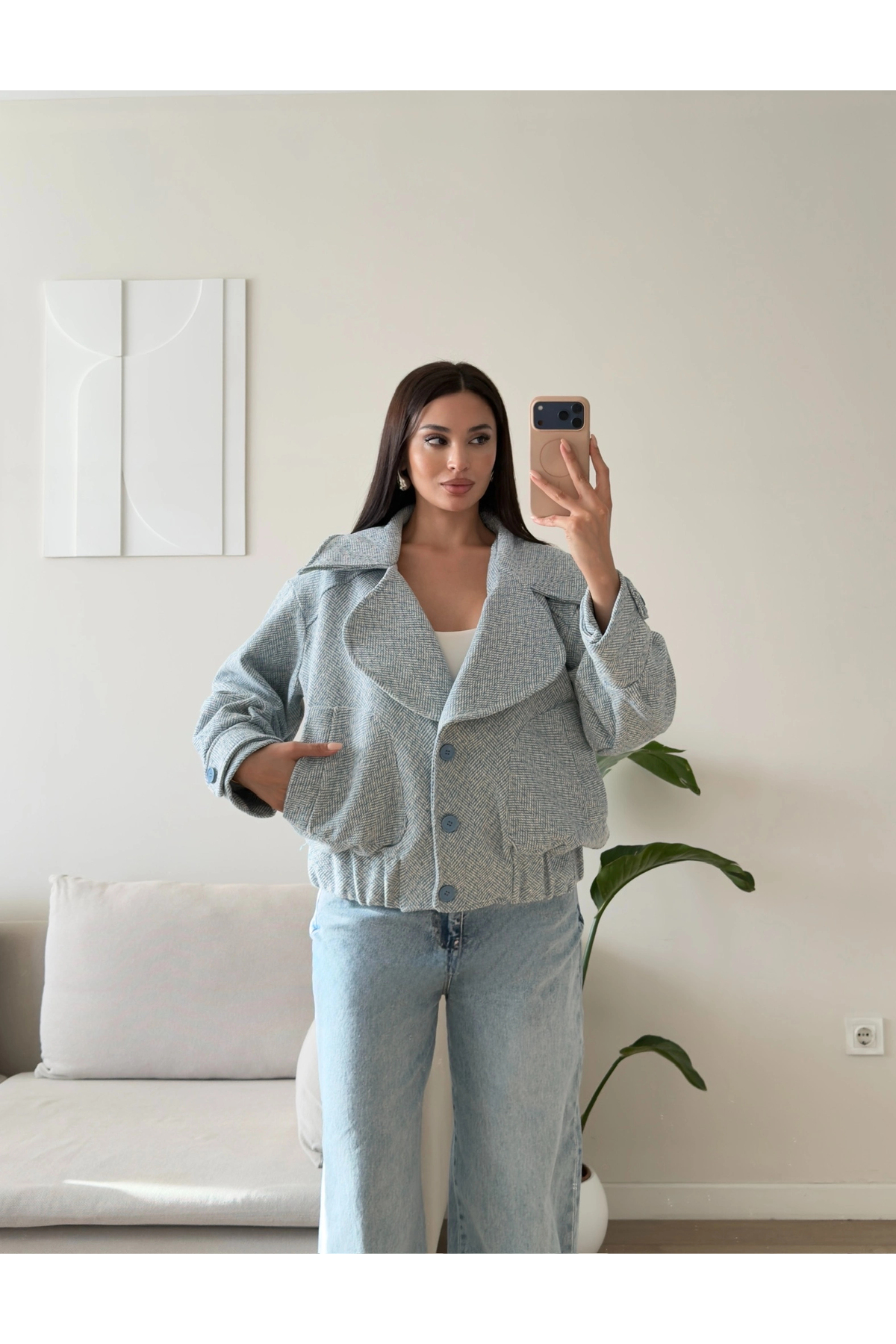 Zoom Butik Balıksırtı Premium Bomber Ceket - MAVİ