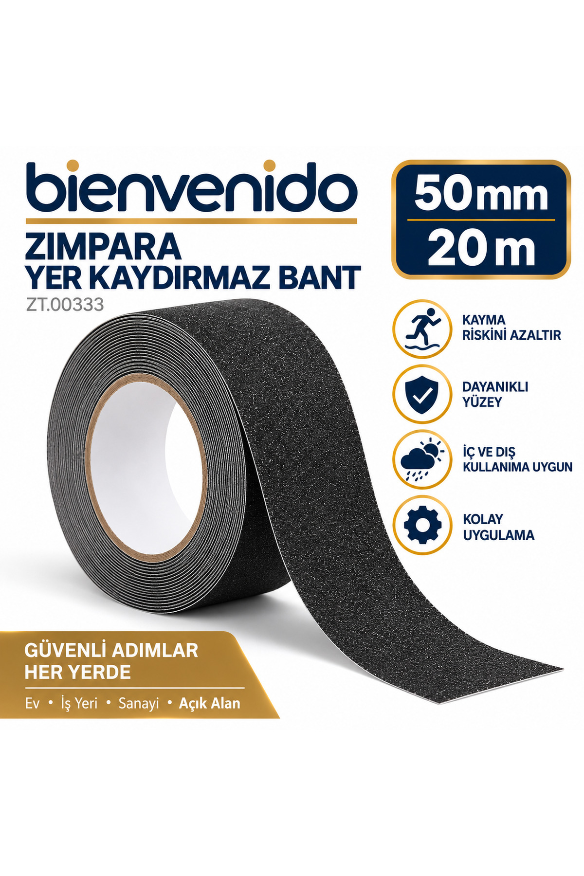 Merdiven Zemin Kaydırmaz Bant Yapışkanlı (5 CM X 20 METRE) Yer Zemin Kaymaz Bandı Siyah