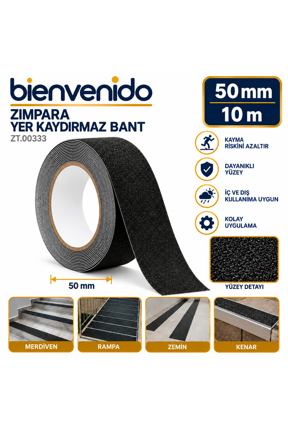 Merdiven Zemin Kaydırmaz Bant Yapışkanlı (5 CM X 10 METRE) Yer Zemin Kaymaz Bandı Siyah