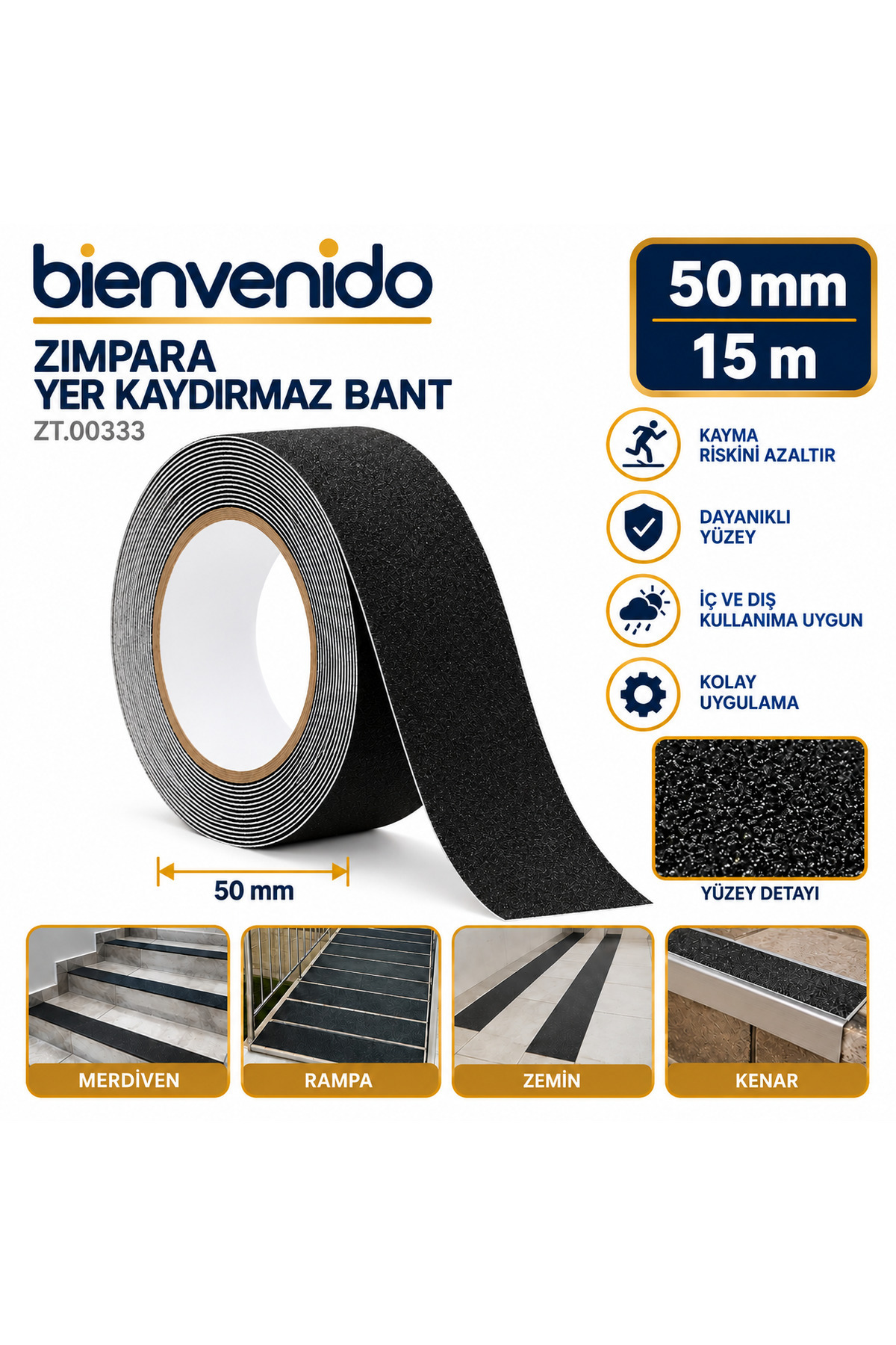Merdiven Zemin Kaydırmaz Bant Yapışkanlı (5 CM X 15METRE) Yer Zemin Kaymaz Bandı Siyah