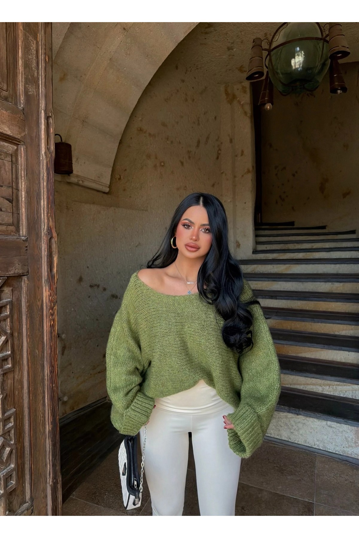 kırmızı butiks Yeşil Batwing Oversize Triko Kazak görsel 2