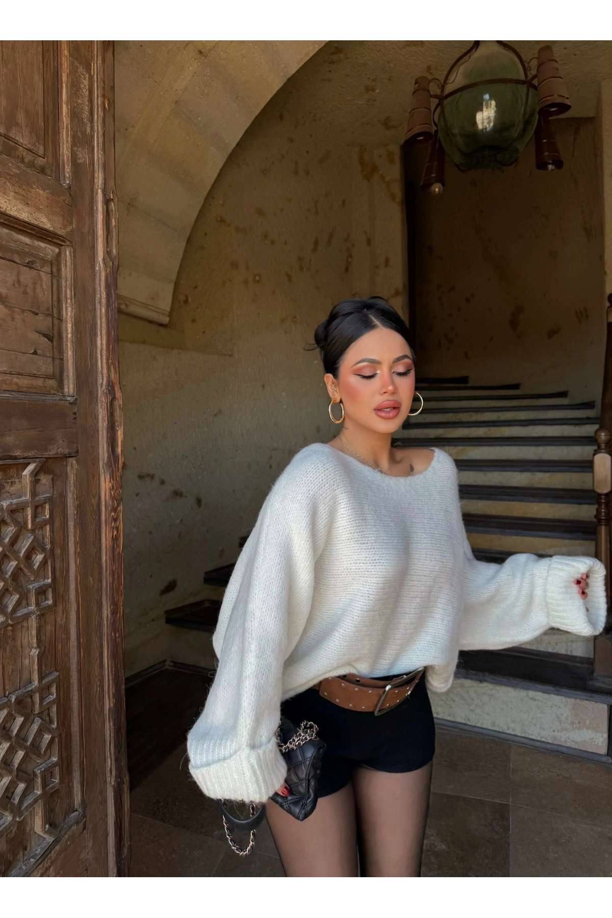 kırmızı butiks Ekru Batwing Oversize Triko Kazak görsel 4